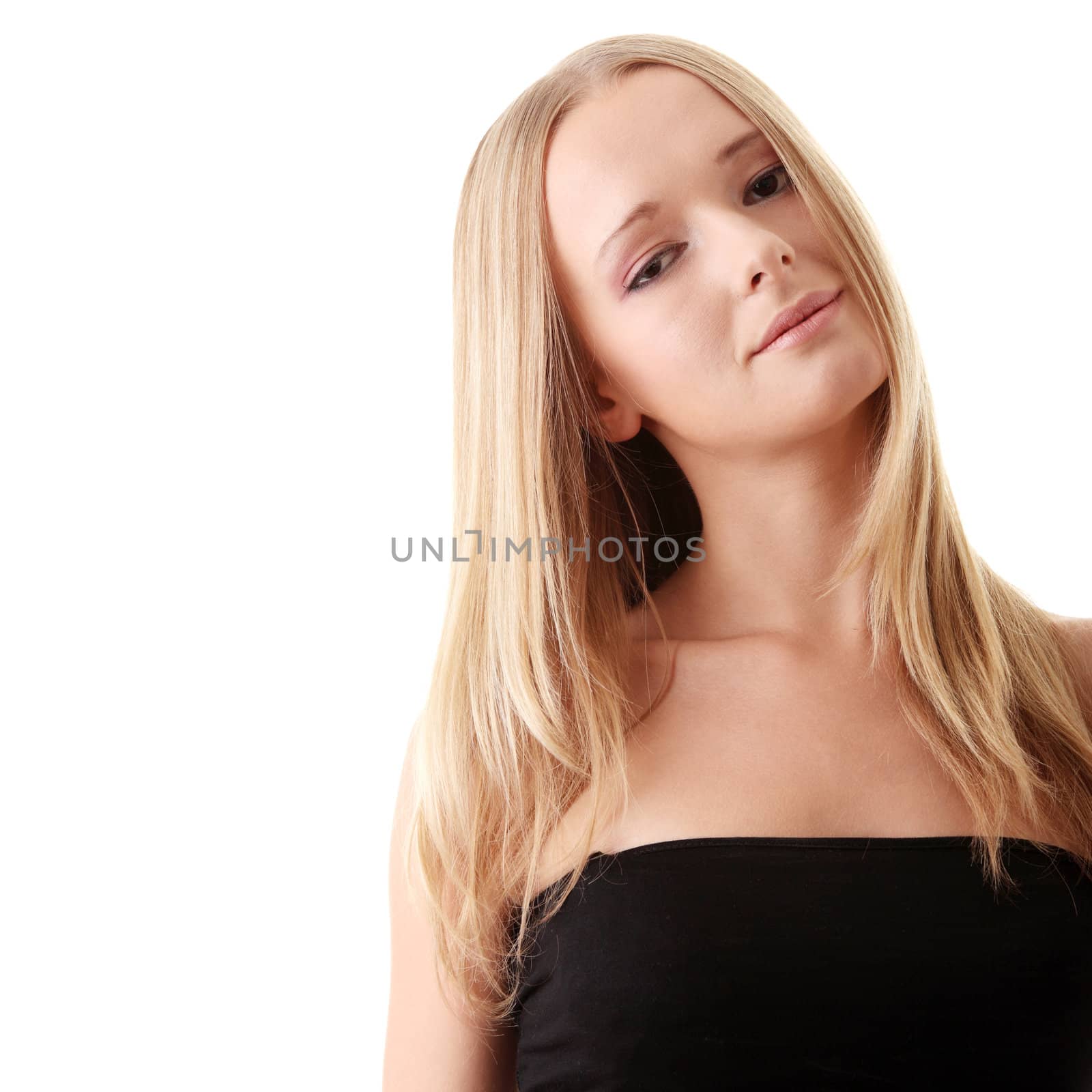 Young blonde woman isolated on white background