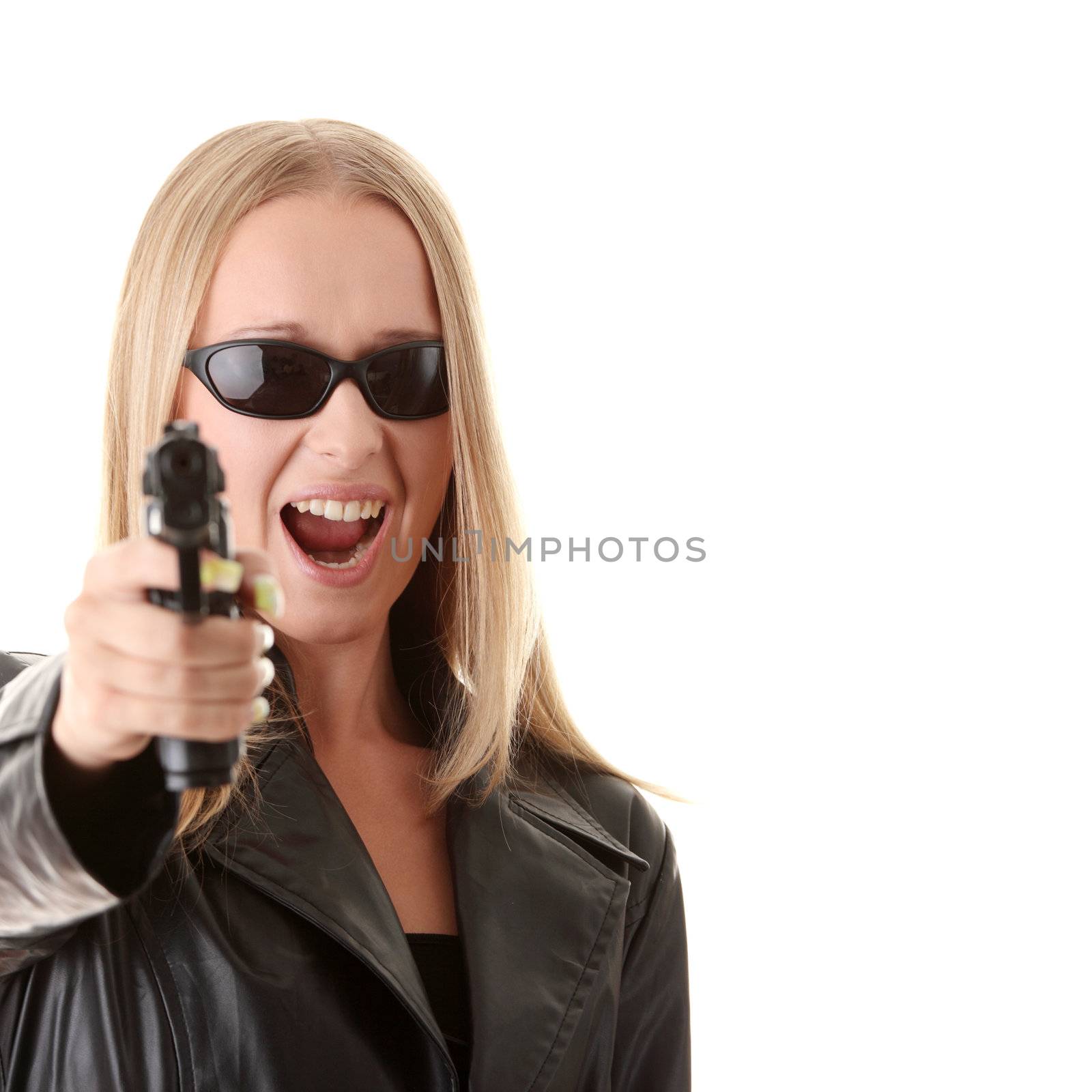 Portrait of the blonde with gun isolated on white background