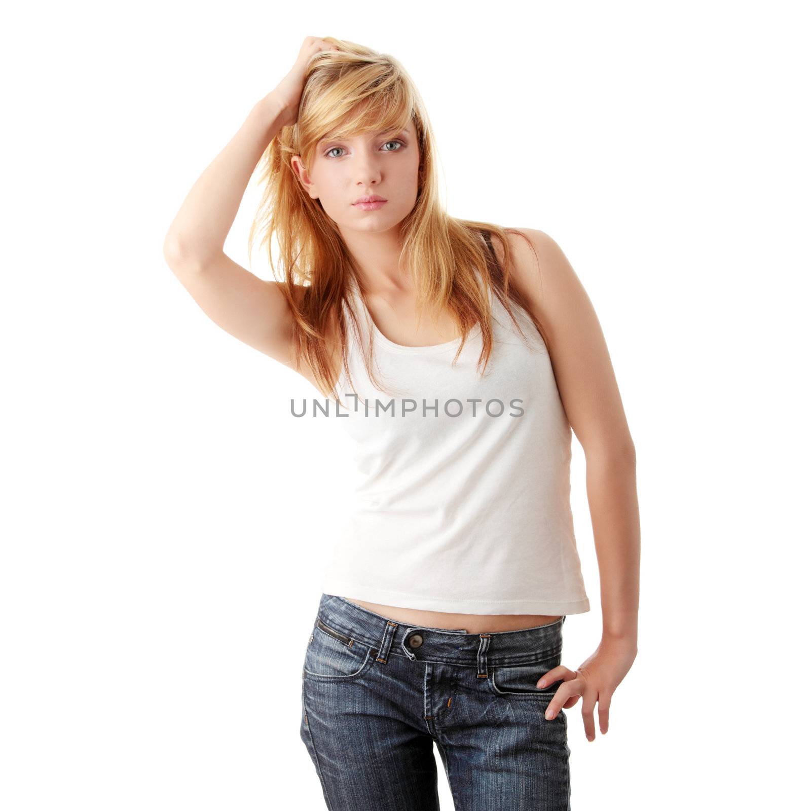 Young beautiful blond teen girl isolated on white