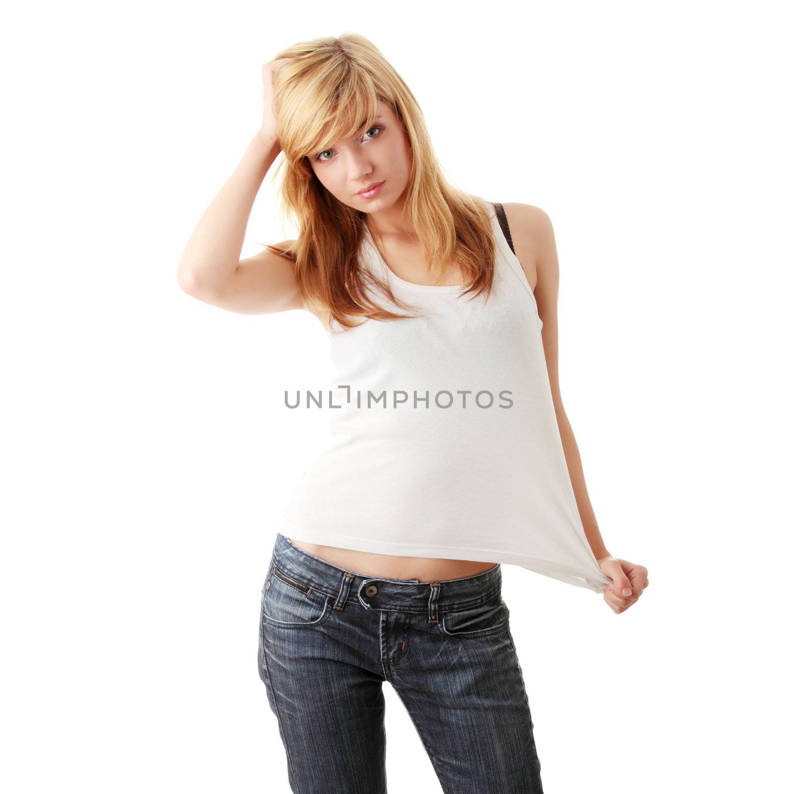 Young beautiful blond teen girl isolated on white