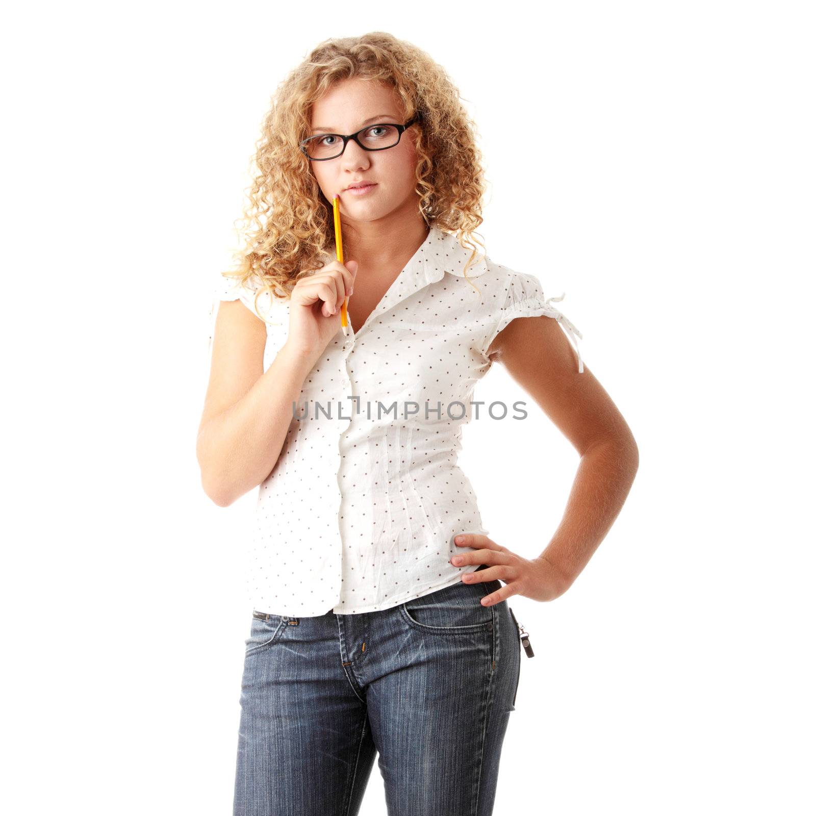 Beautiful pudgy caucasian student girl isolated on white background