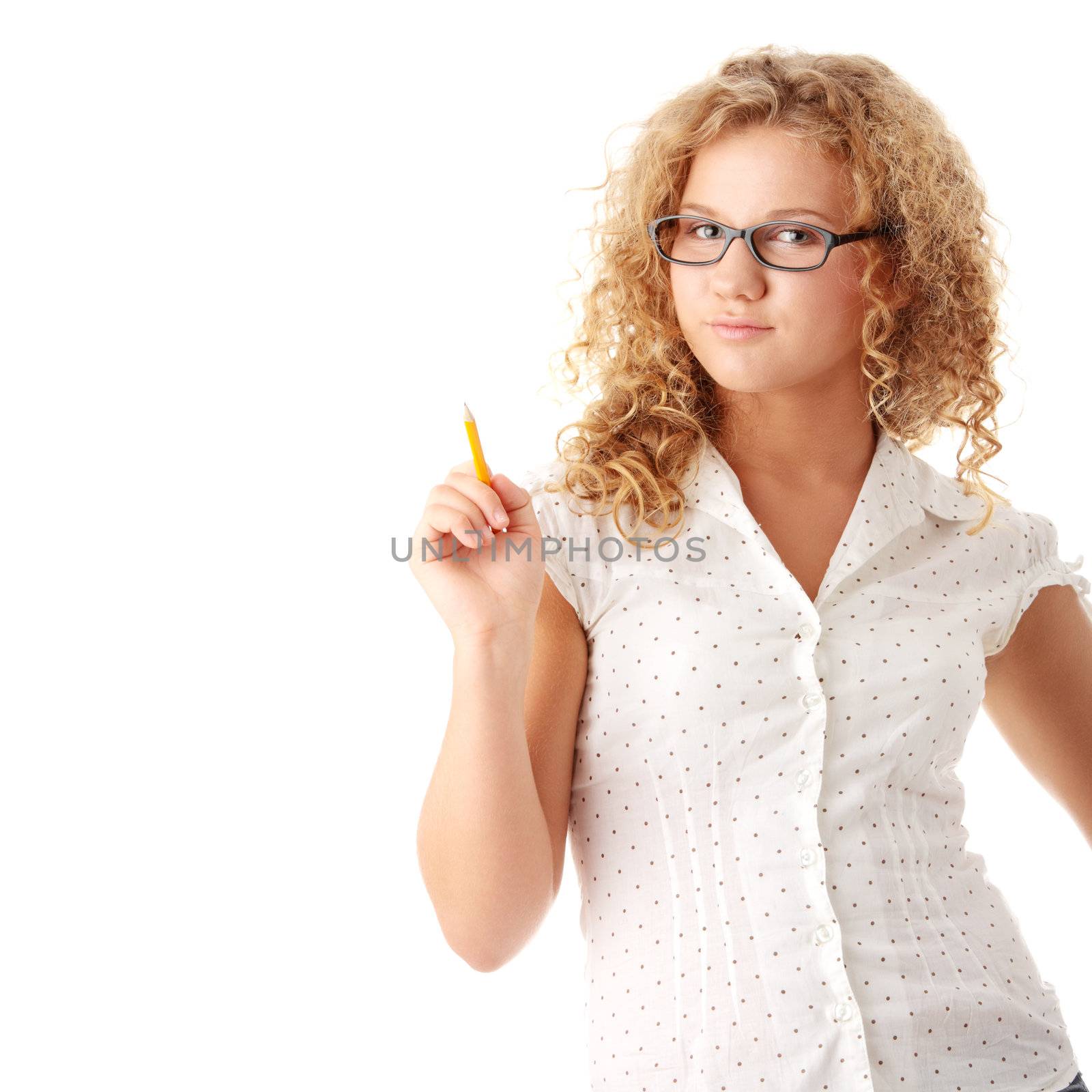 Beautiful pudgy caucasian student girl isolated on white background