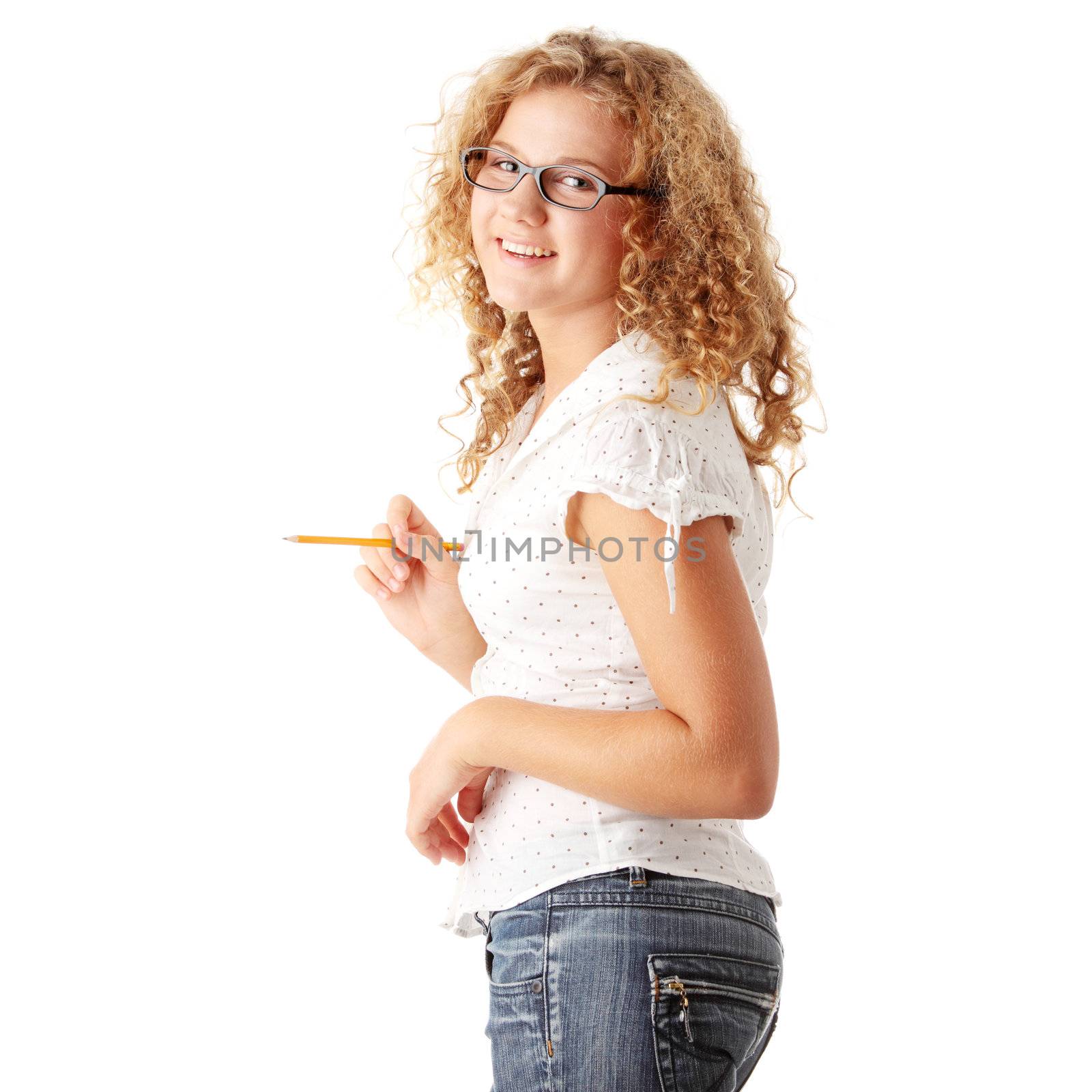 Beautiful pudgy caucasian student girl isolated on white background