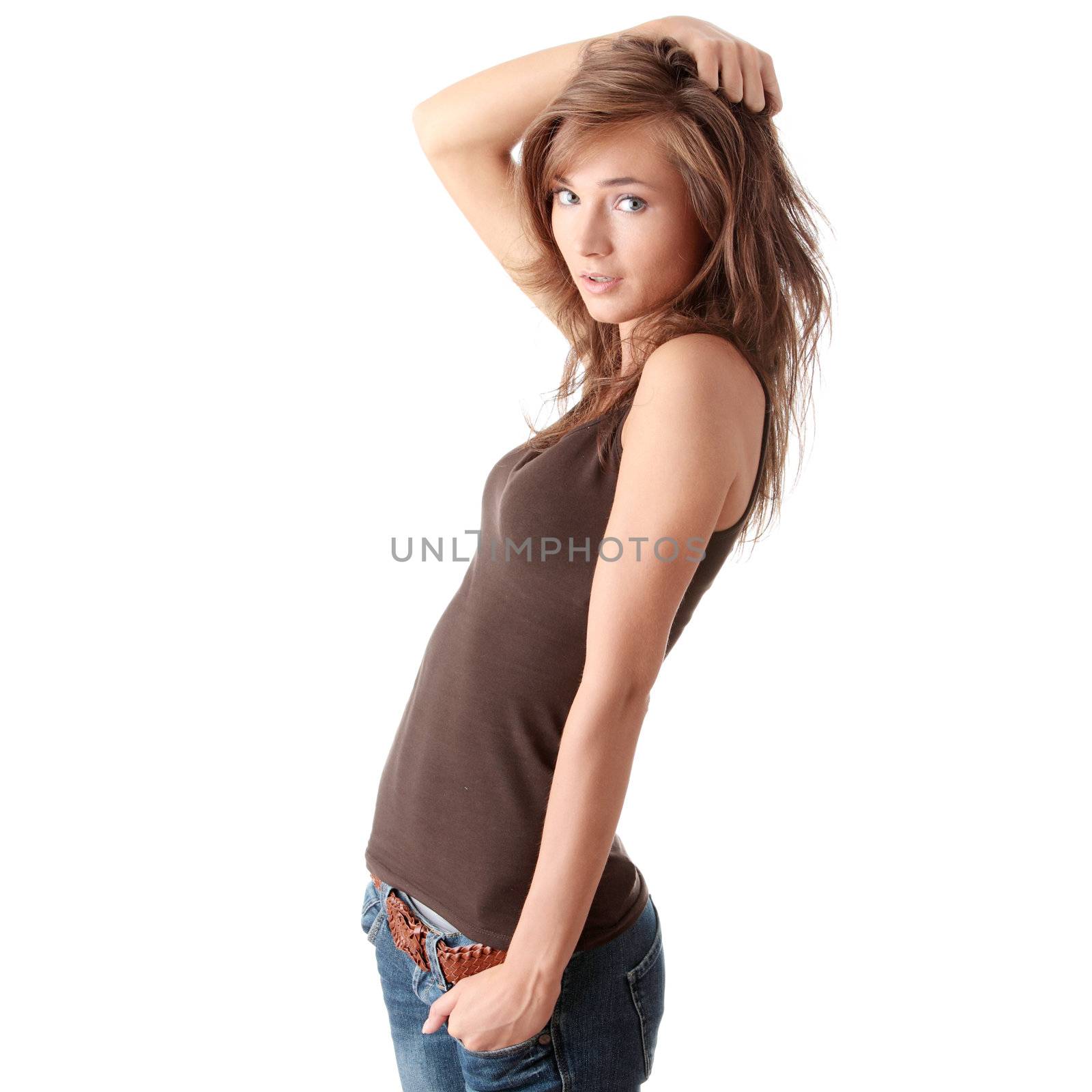 Young smiling student woman. Over white background