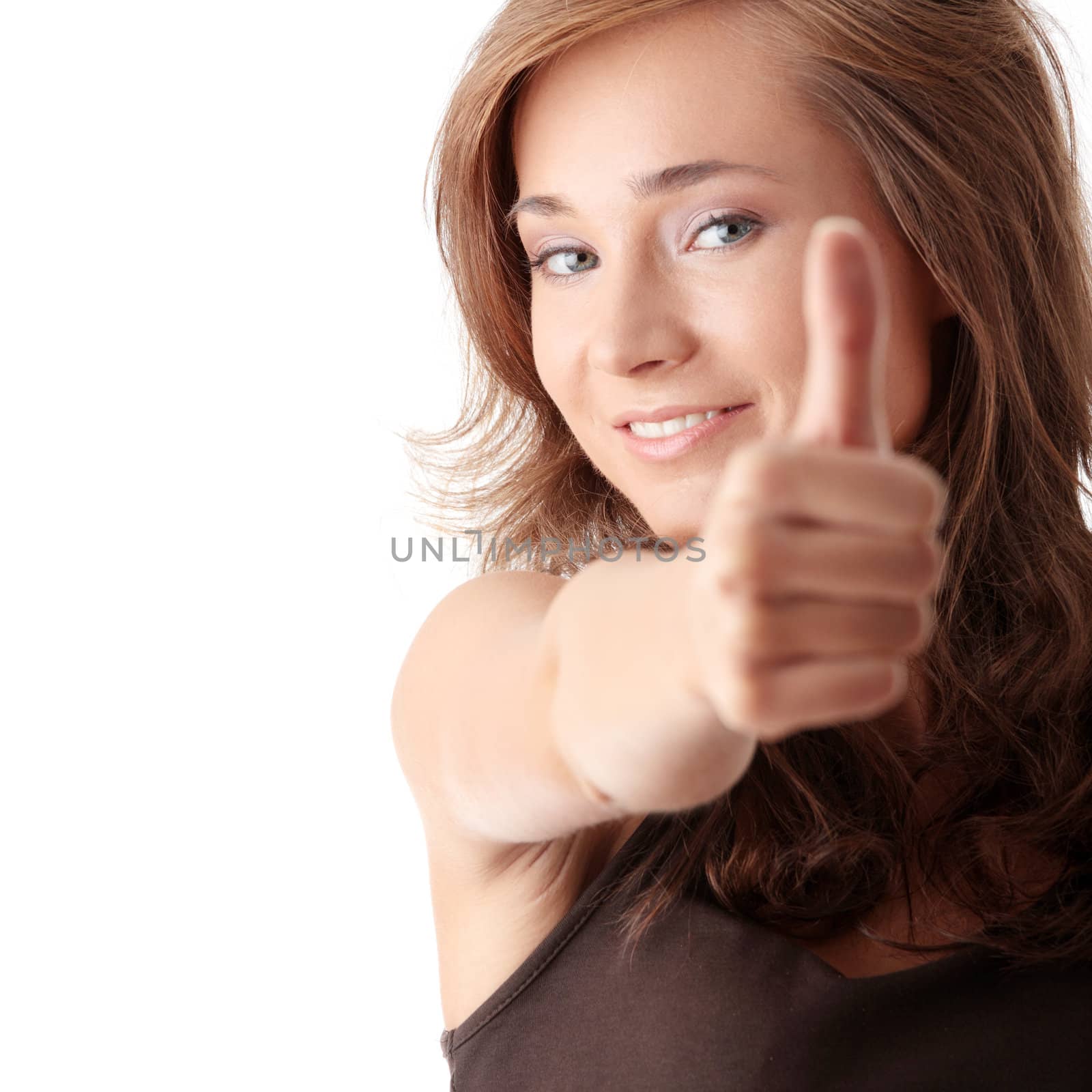 Young woman showing thumbs up by BDS