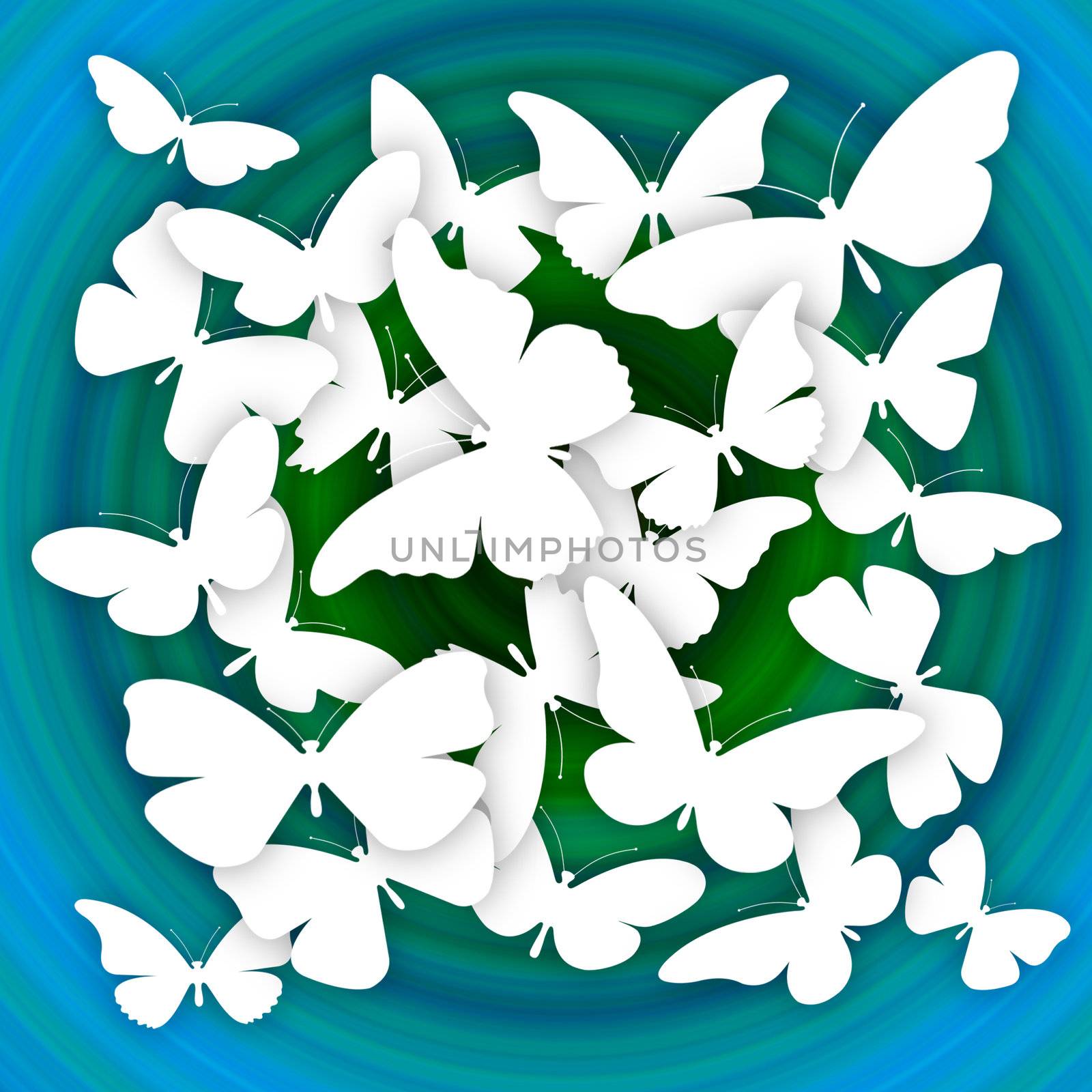 Lots of White Butterflies with Blue Background