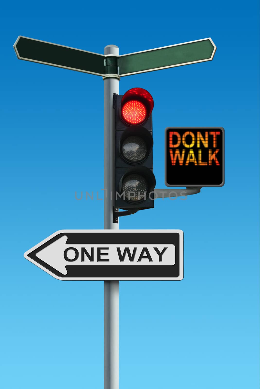 Traffic Lights with Dont Walk and One Way Signs