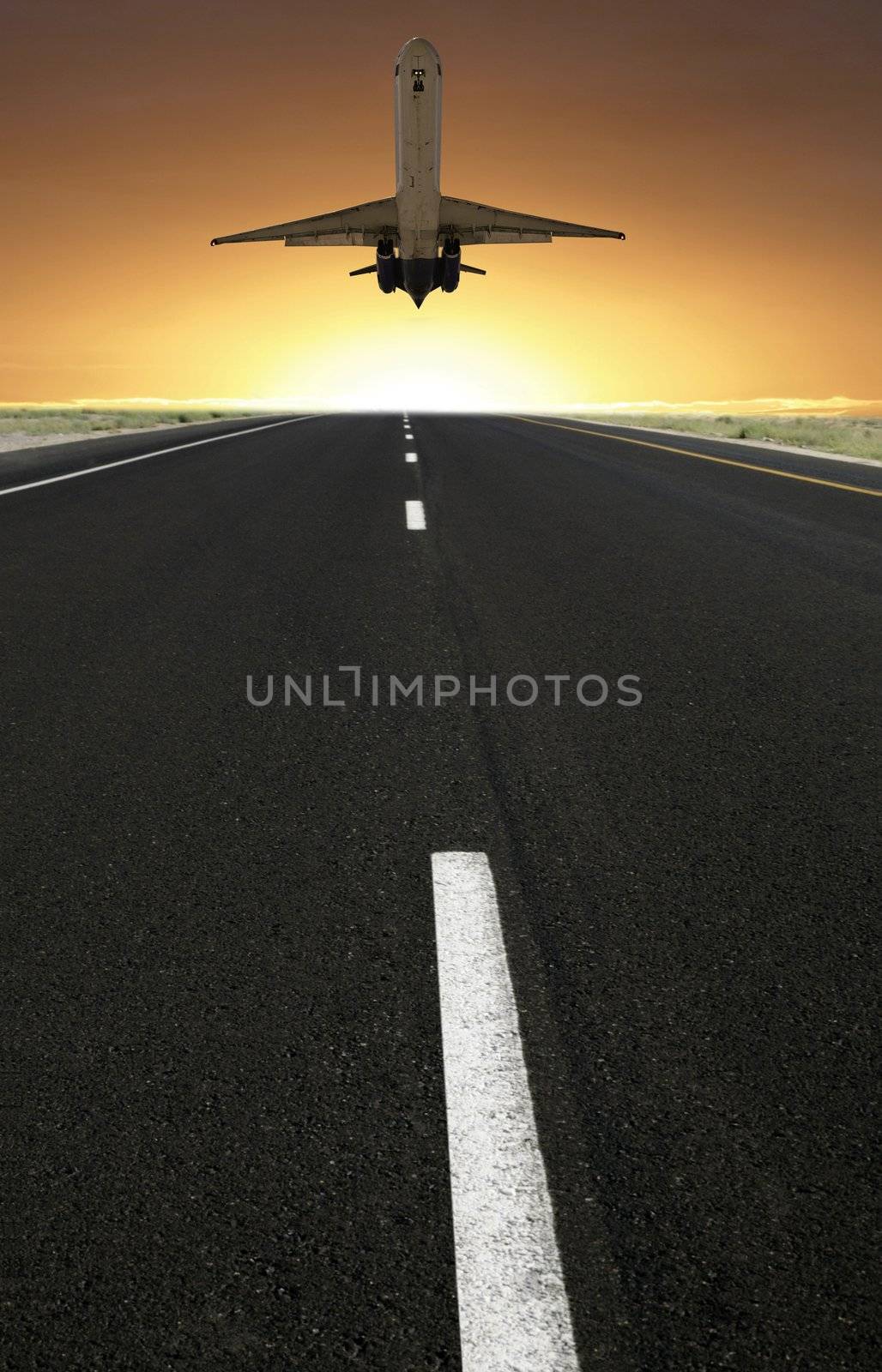 airplane composing with sunset and road