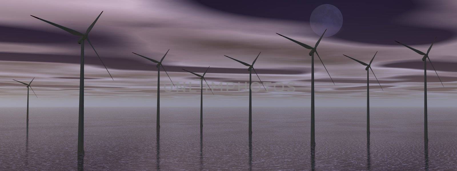 Wind turbines in the ocean by dark cloudy night