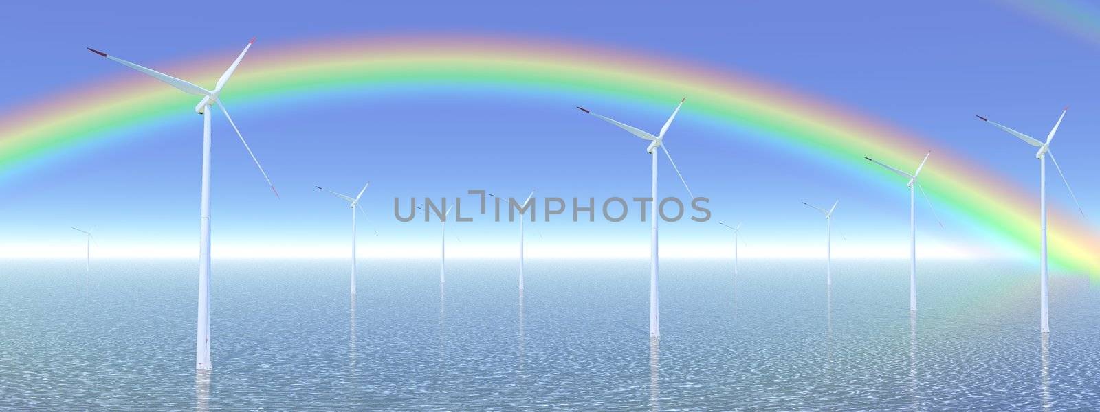 Wind turbines in the blue ocean in front of a beautiful rainbow