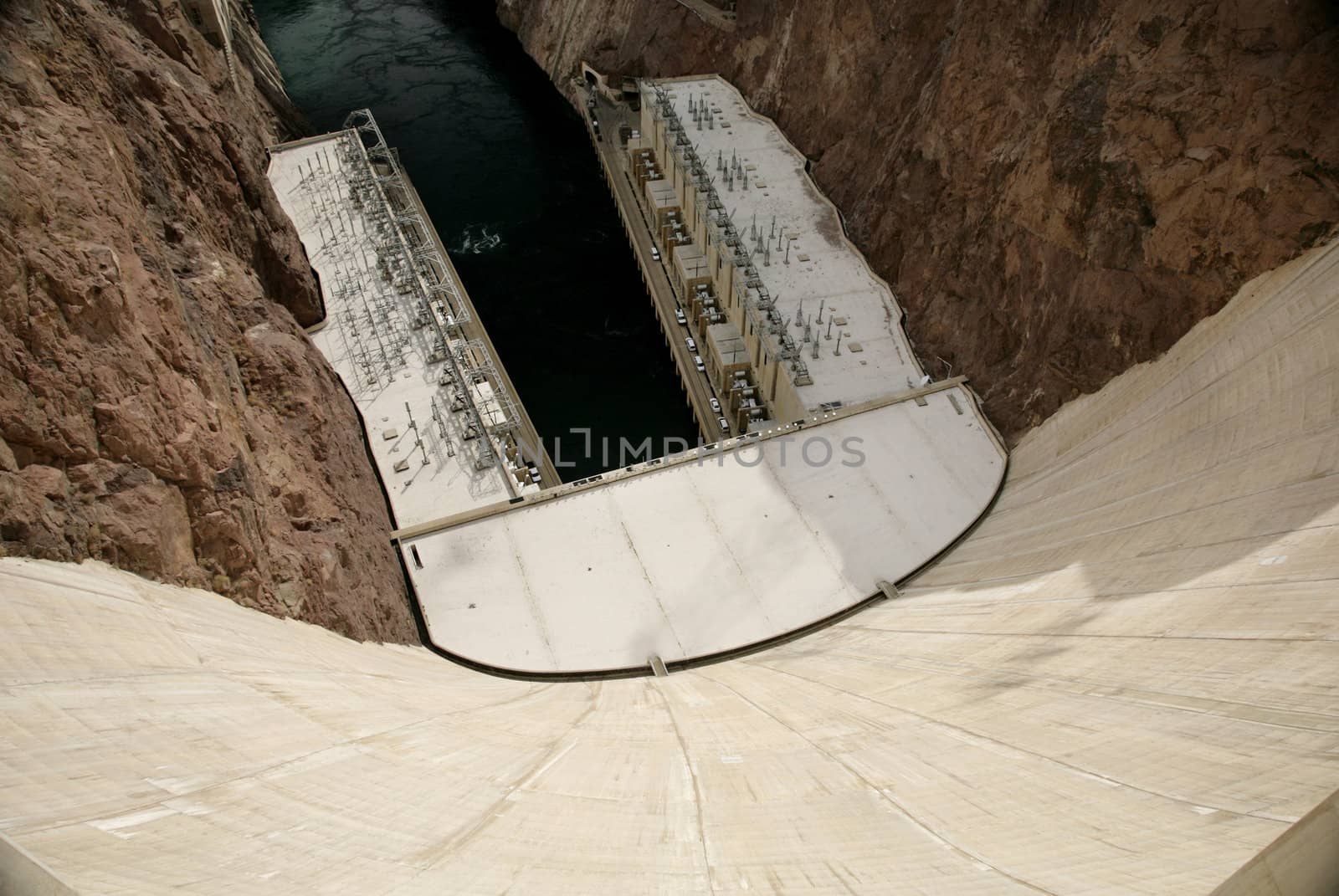 wide angle view down at the hoover dam