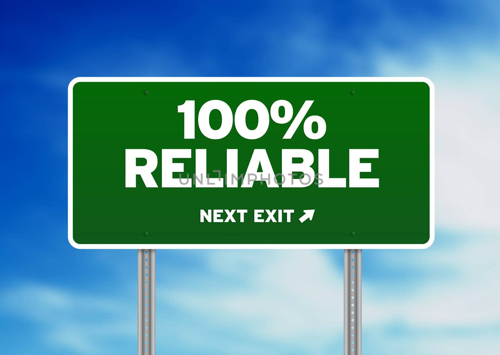 Green 100% Reliable highway sign on Cloud Background. 