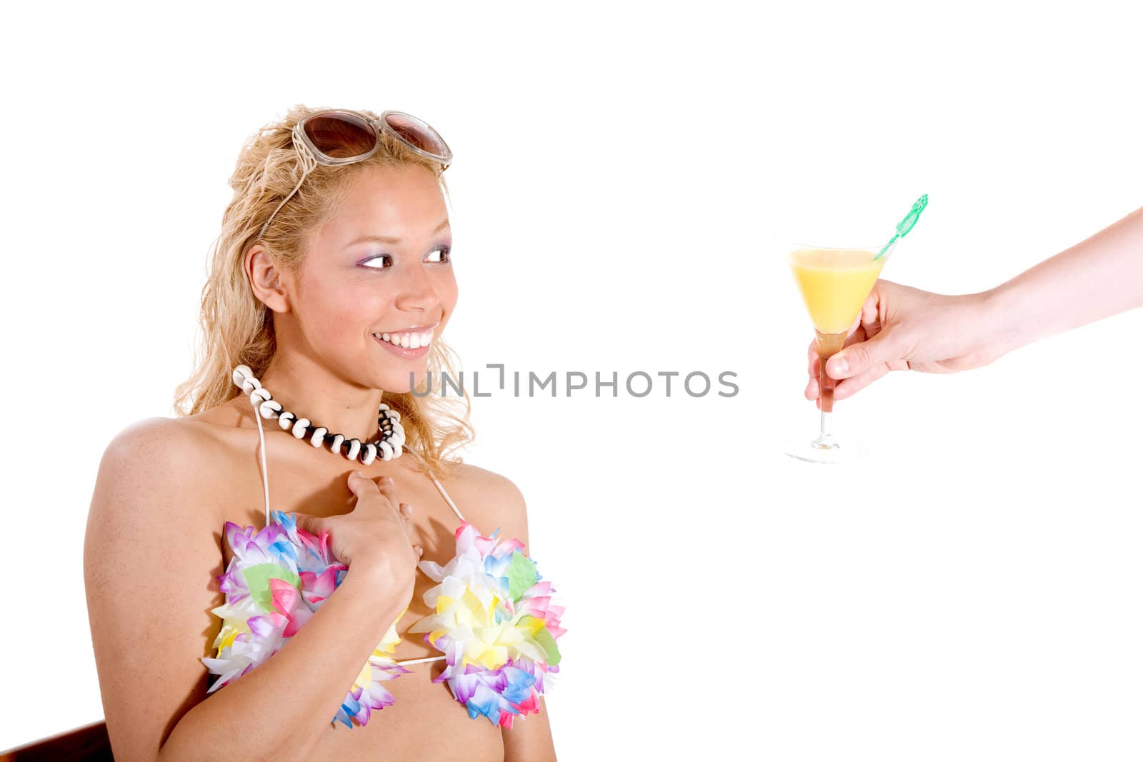 Pretty blond looking surprised at getting a drink offered to her