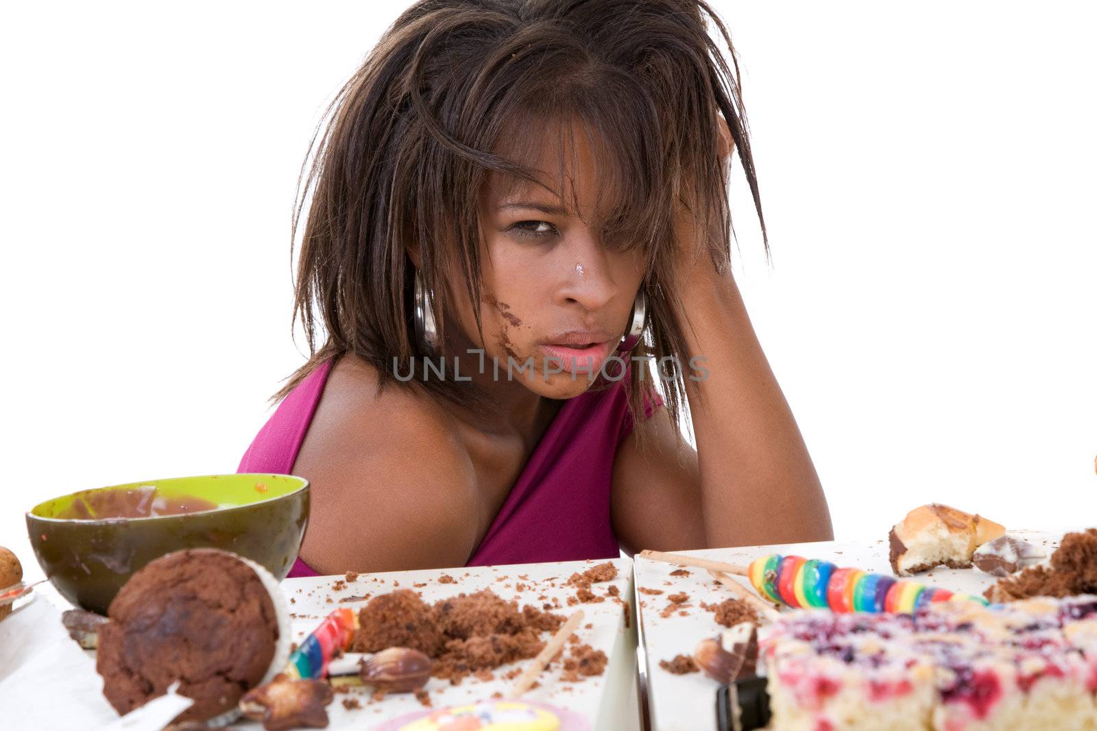 Pretty black woman looking nauseous after having eaten too much