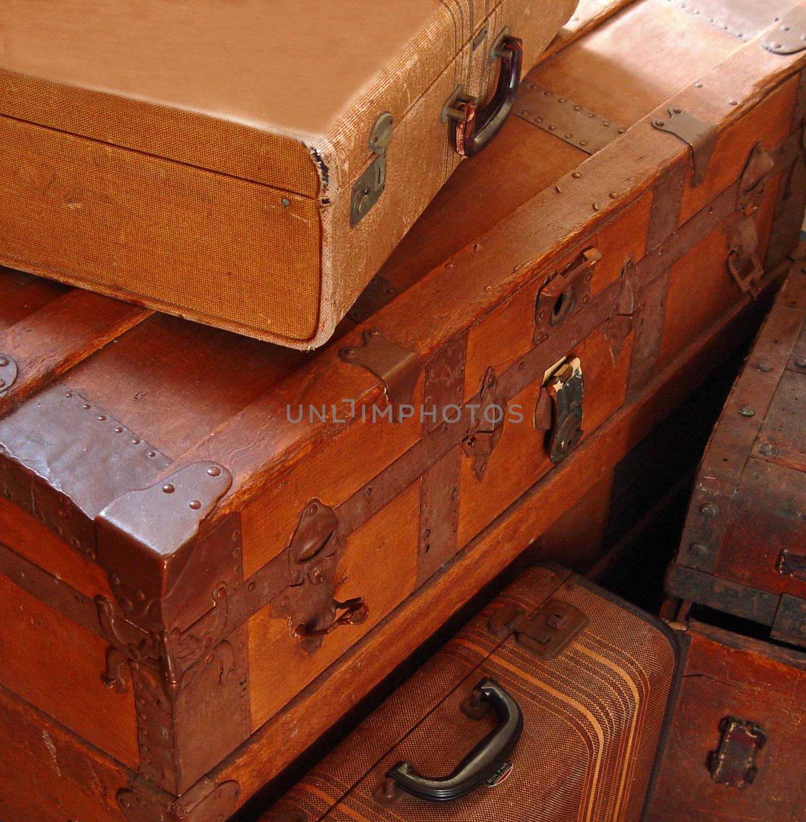 Antique travel trunks in an excellent composition great for many different themes.                             