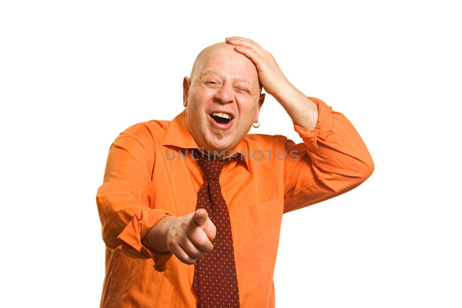Cheerful comical bald man in an orange shirt and a red tie on a white background 
