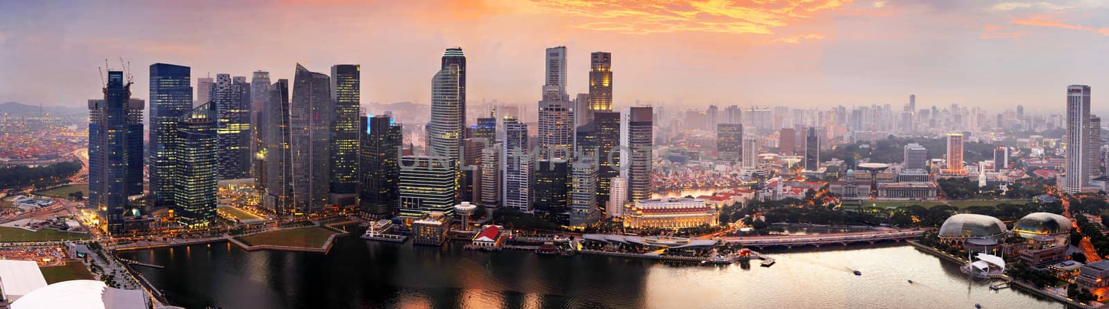 Panorama of Singapore from Marina Bay Sand Resort at beautiful sunset