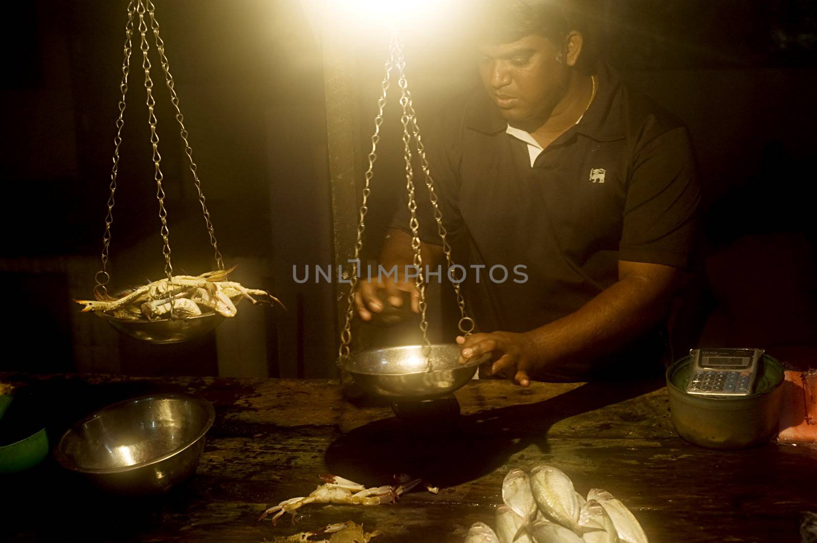 Ambalangoda, Sri Lanka - January 28, 2011:Seller at a fish market. Fishing in Sri Lanka is a tough job but this is the way they earn their living