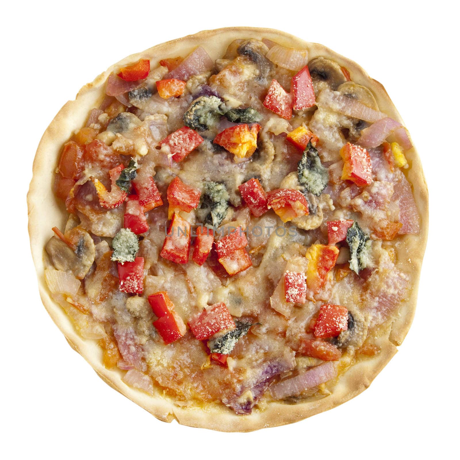Crispy vegetarian pizza on white background
