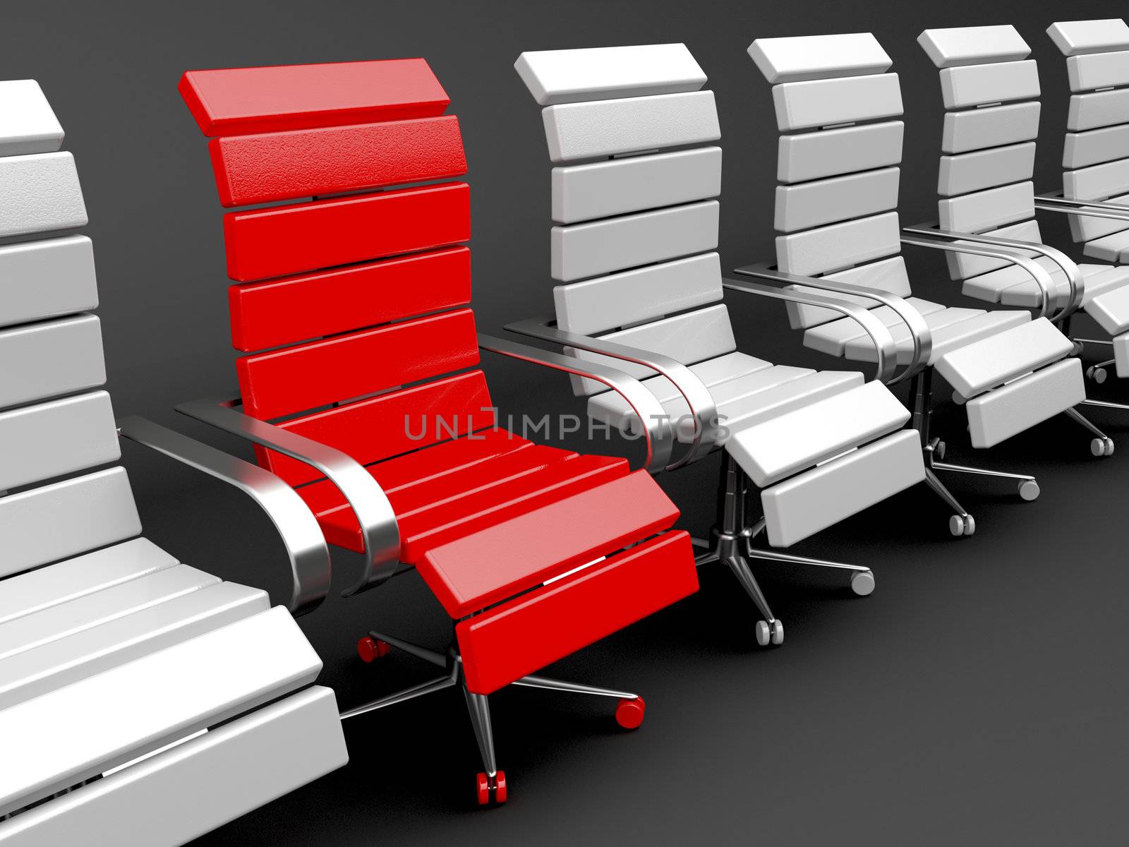 Red armchair for leader and gray for others - leadership concept