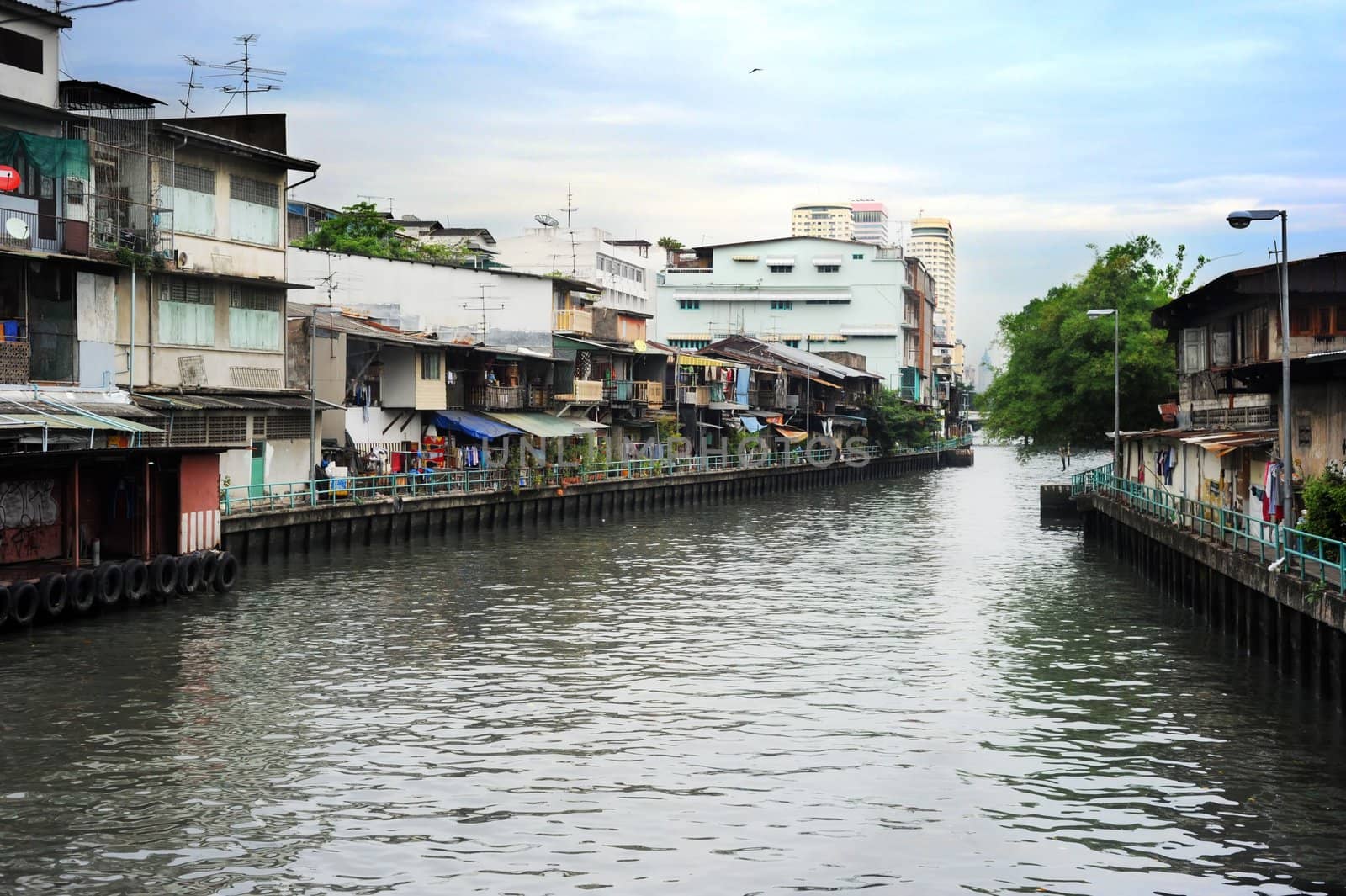 Slum along the river in Bangkok, Thailand