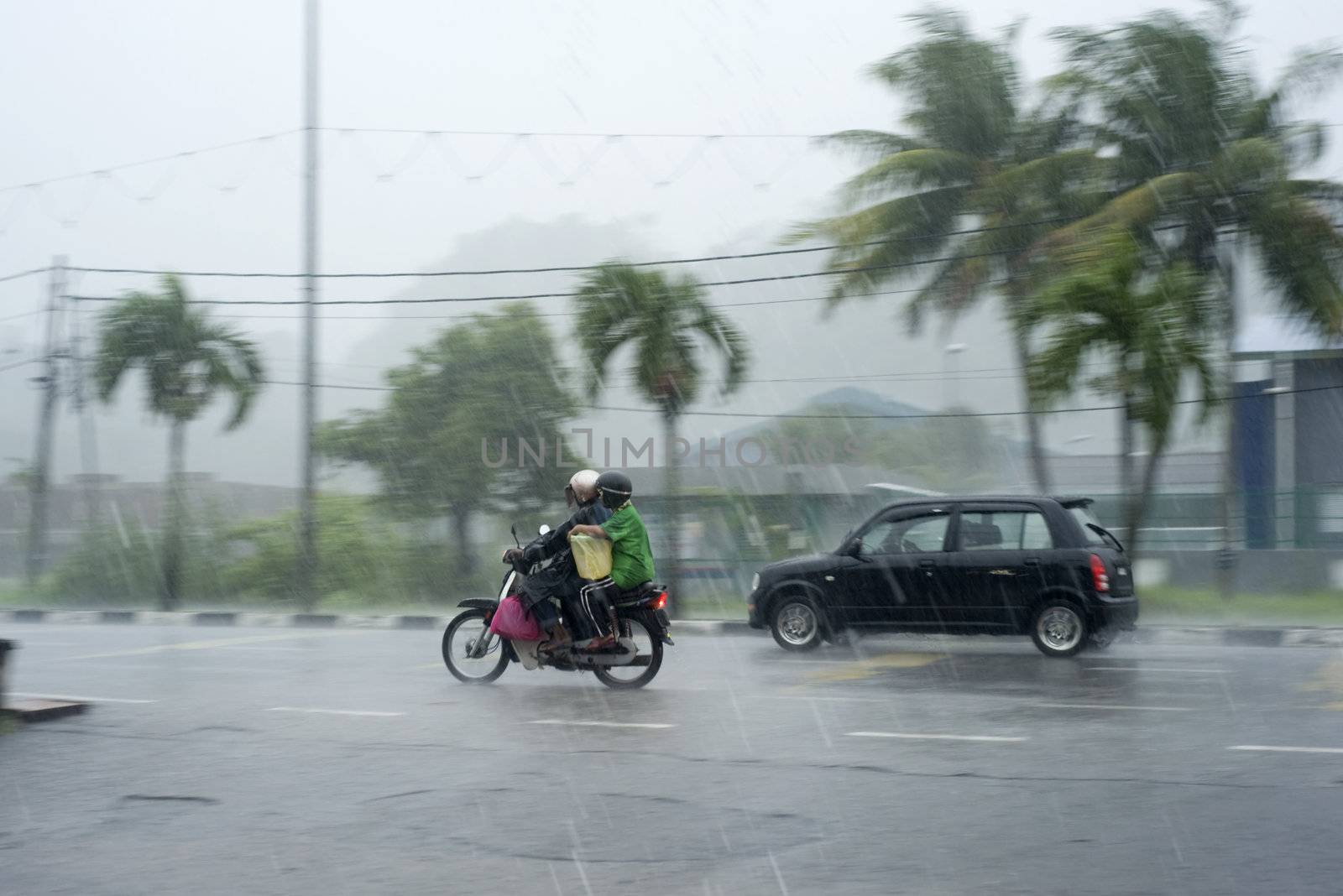 Traffic in the heavy rainfall in Malaysia