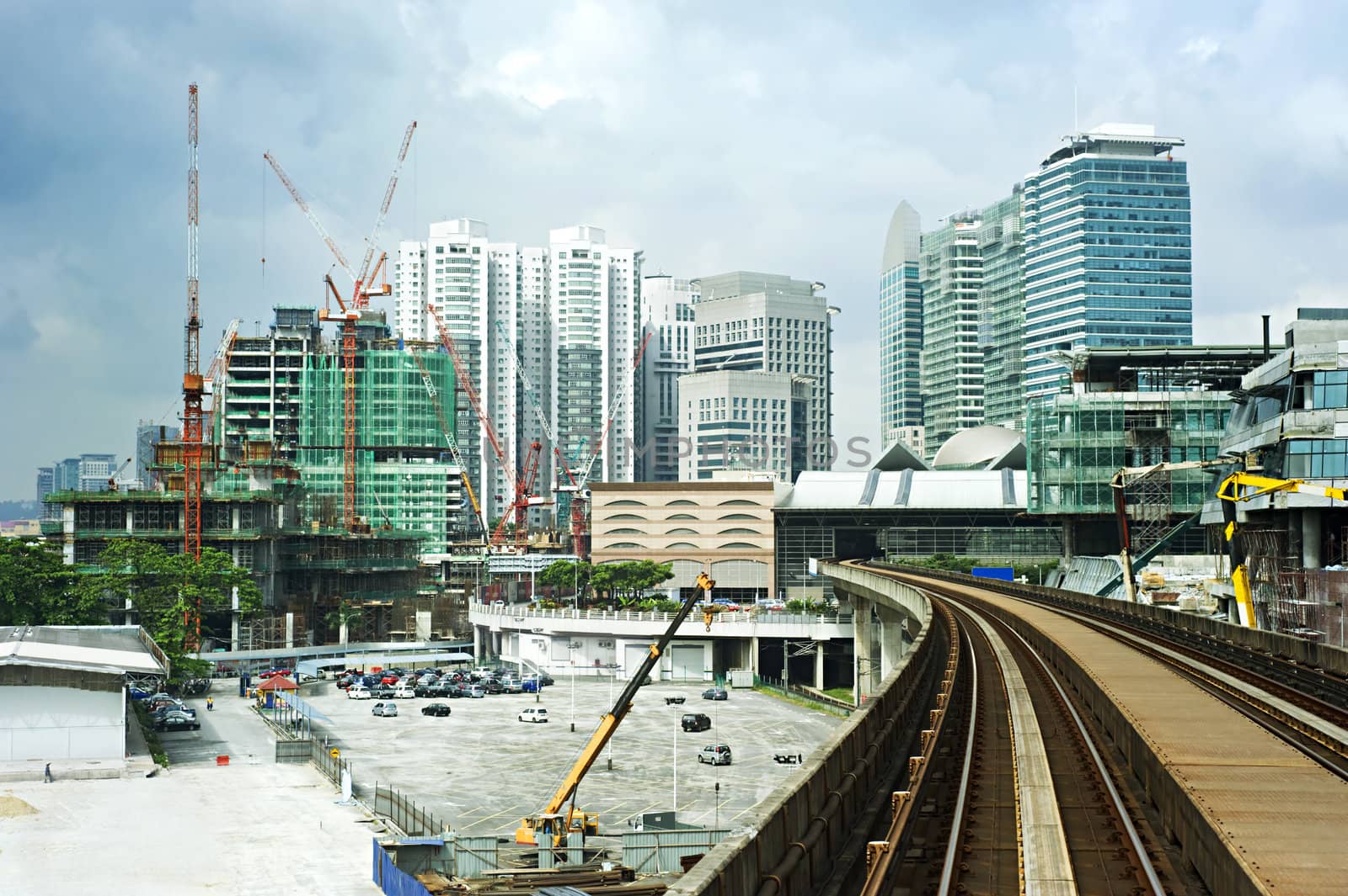 Cityscape with railway and high office buildings in Kuala Lumpur, Malaysia