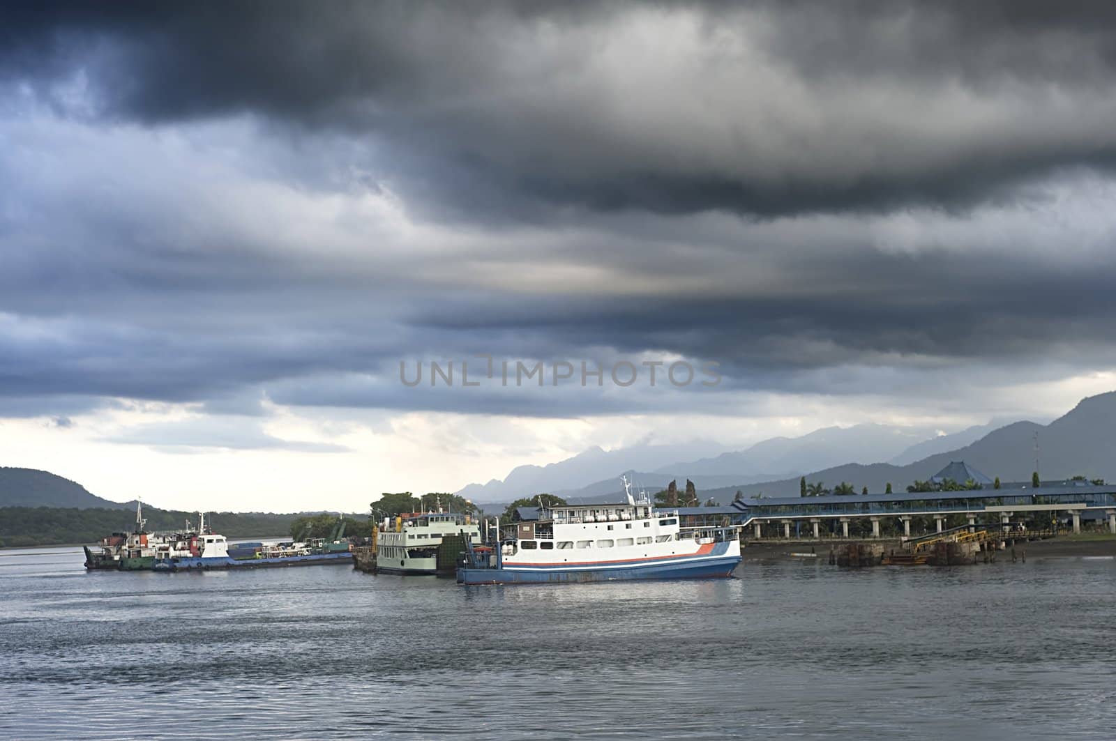 Ferry from Java to Bali staying in the harbour. Indonesia