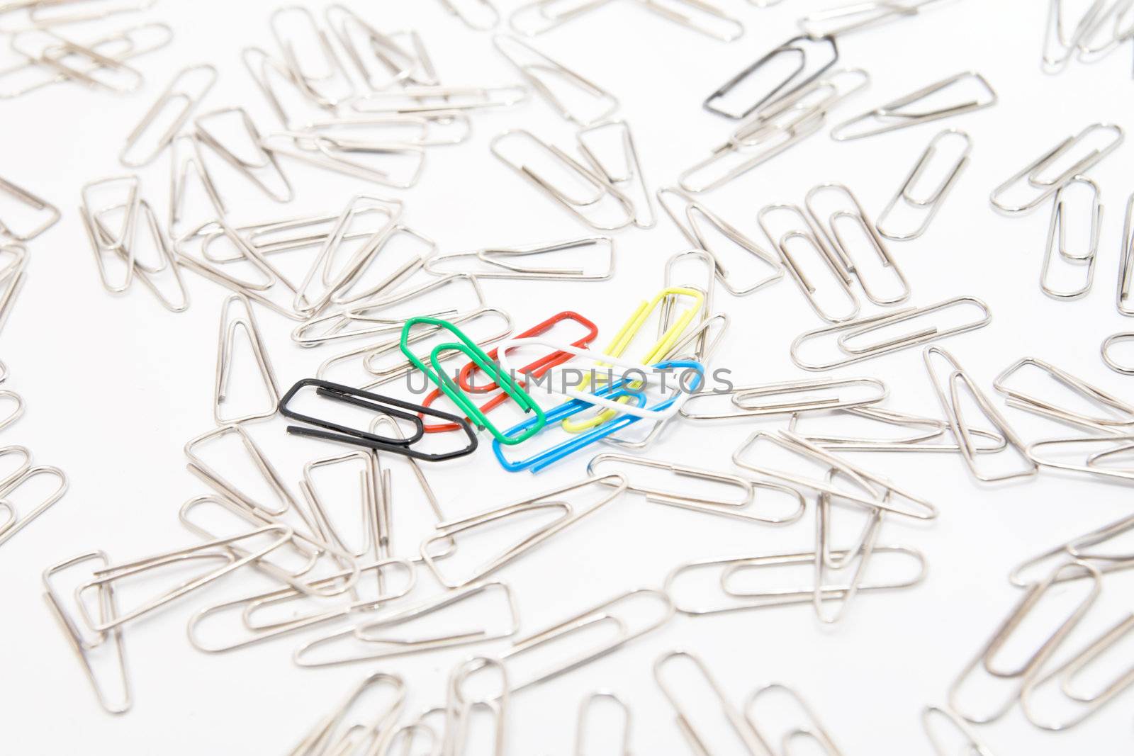 Five colourful paperclips among many steel grey paperclips on white background