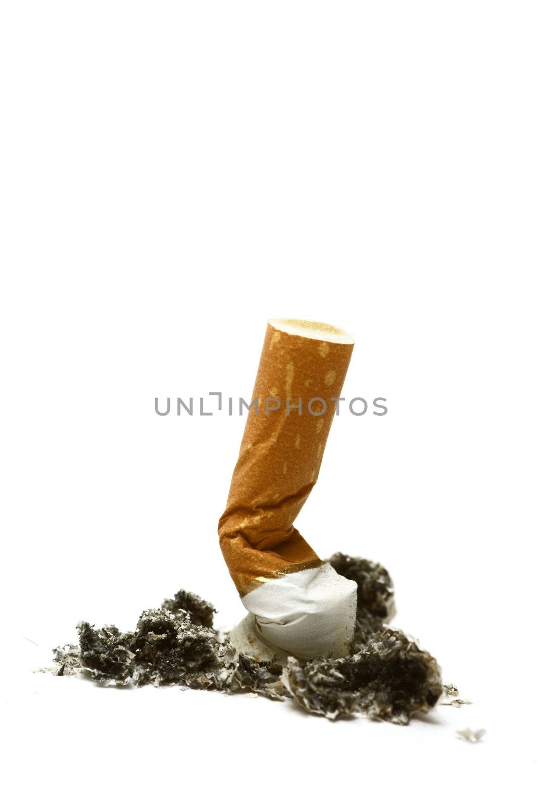 a cigarette with ash on a white background