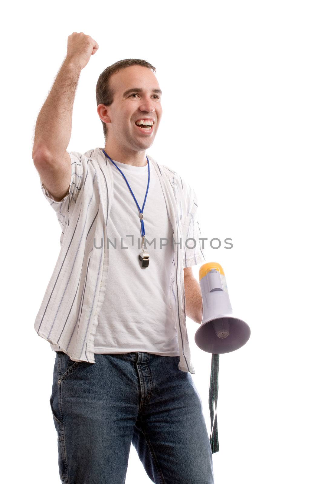 A sports fan shaking his fist in the air and looking excited, isolated against a white background