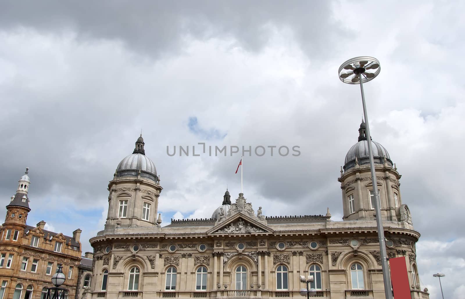 The Twin Domes of an ornately carved Victorian Era Civic Building in Yorkshire