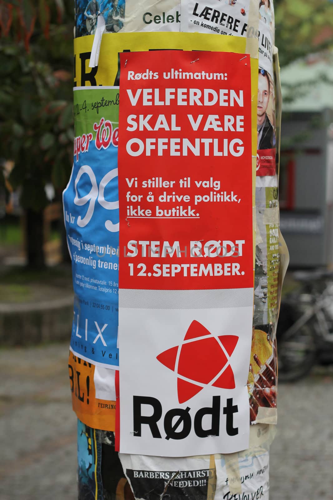 A Red Party (Rødt) poster during the norwegian election campaign 2011.