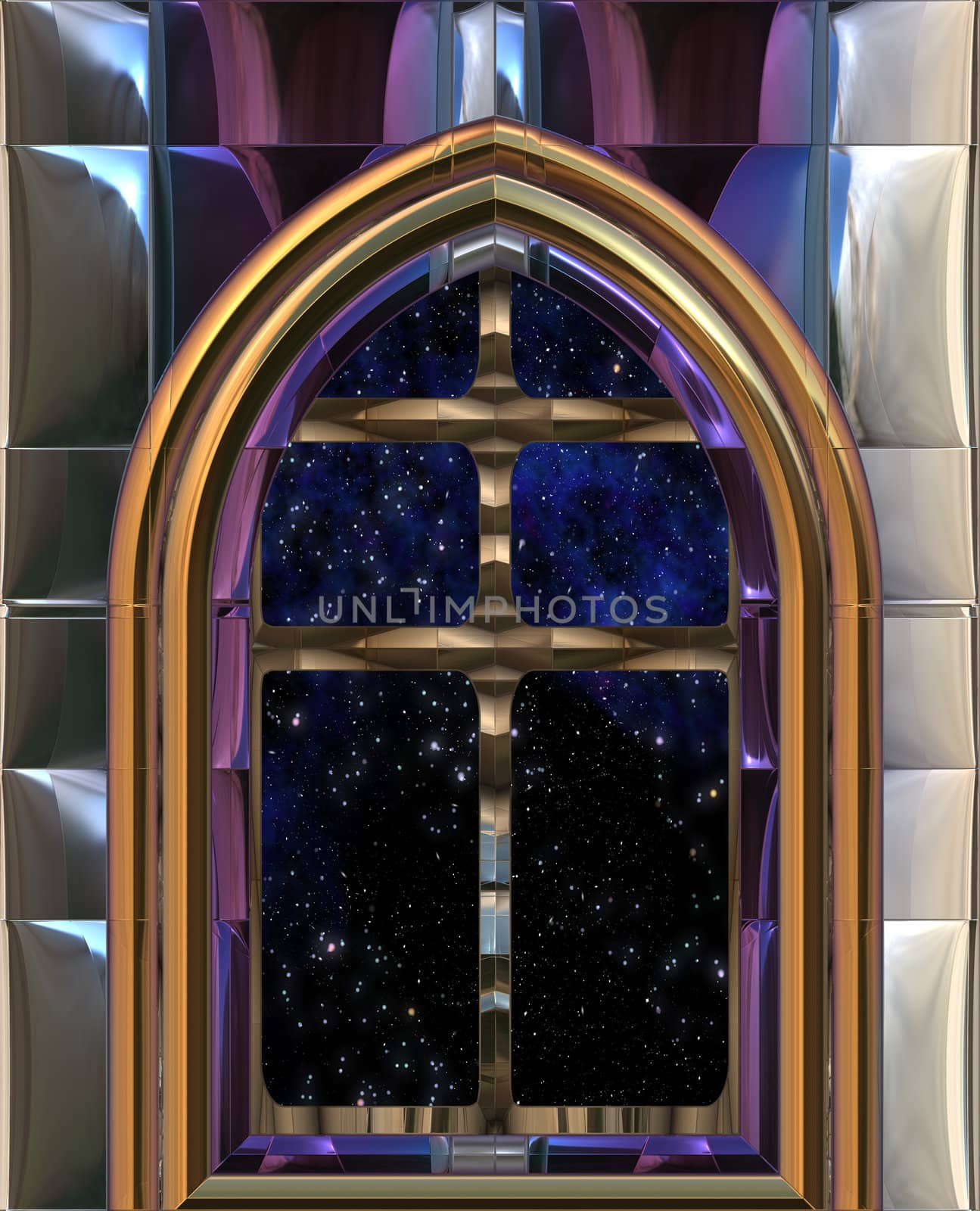 gothic or science fiction window looking into space or starry night sky