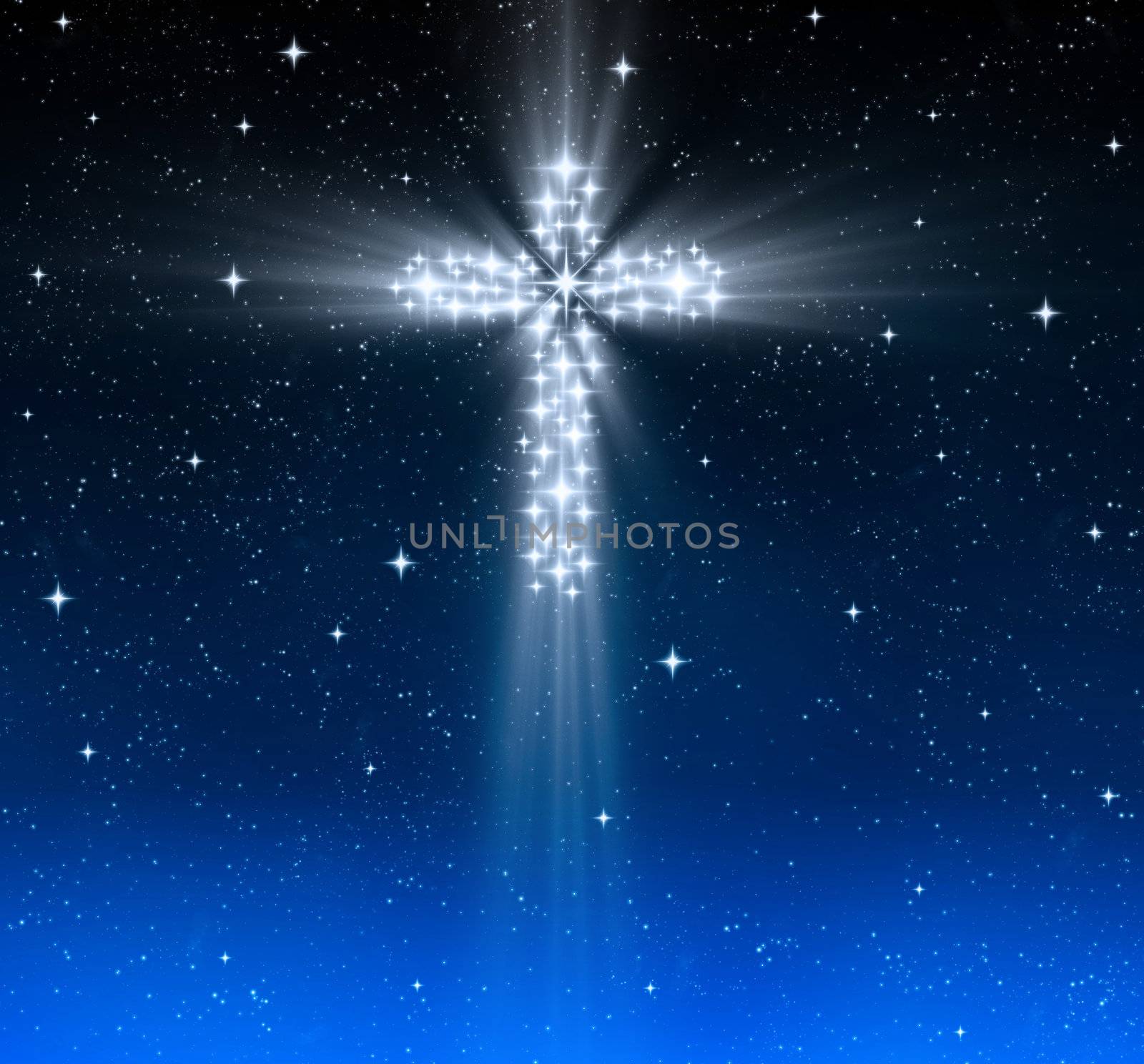 great glowing christian cross in starry night sky