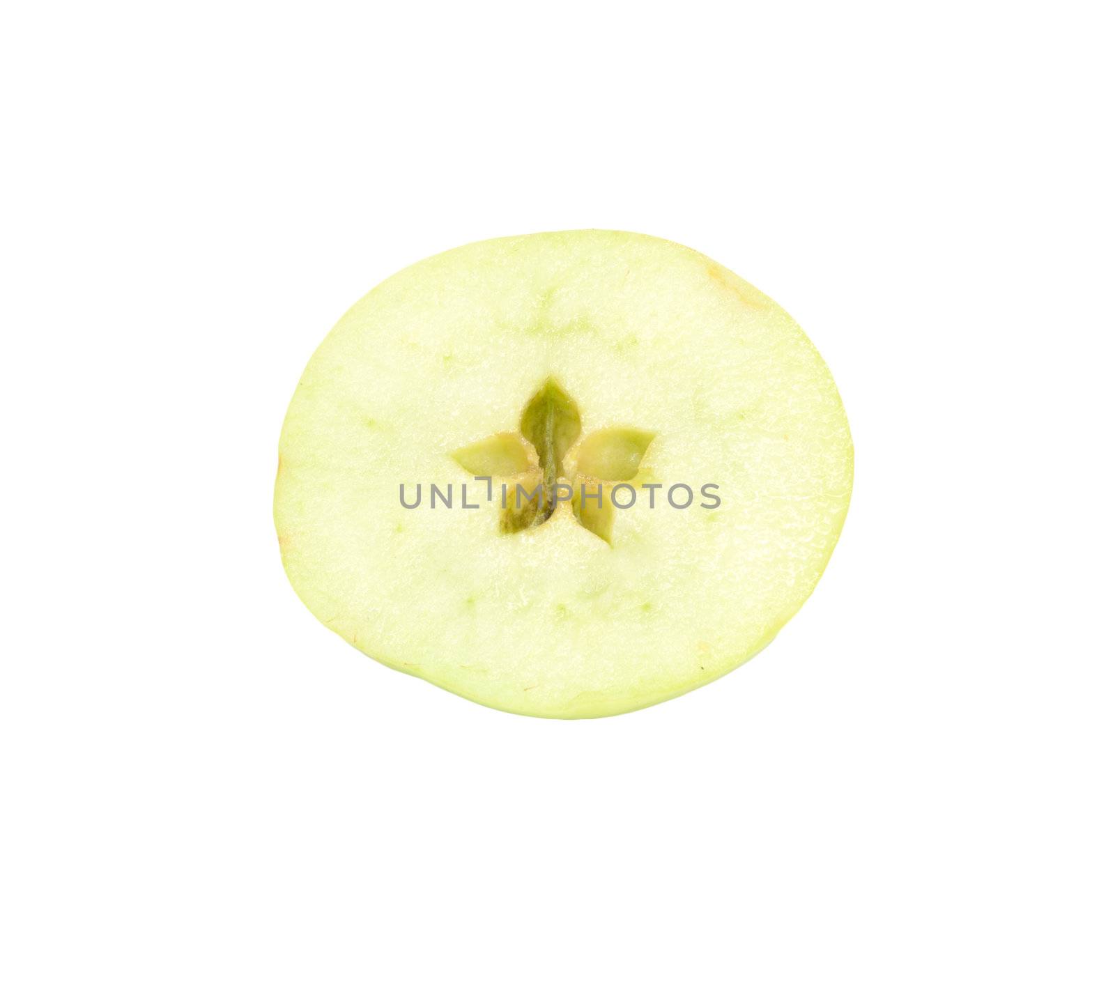 fresh green apple cut into slices. isolated on white background 