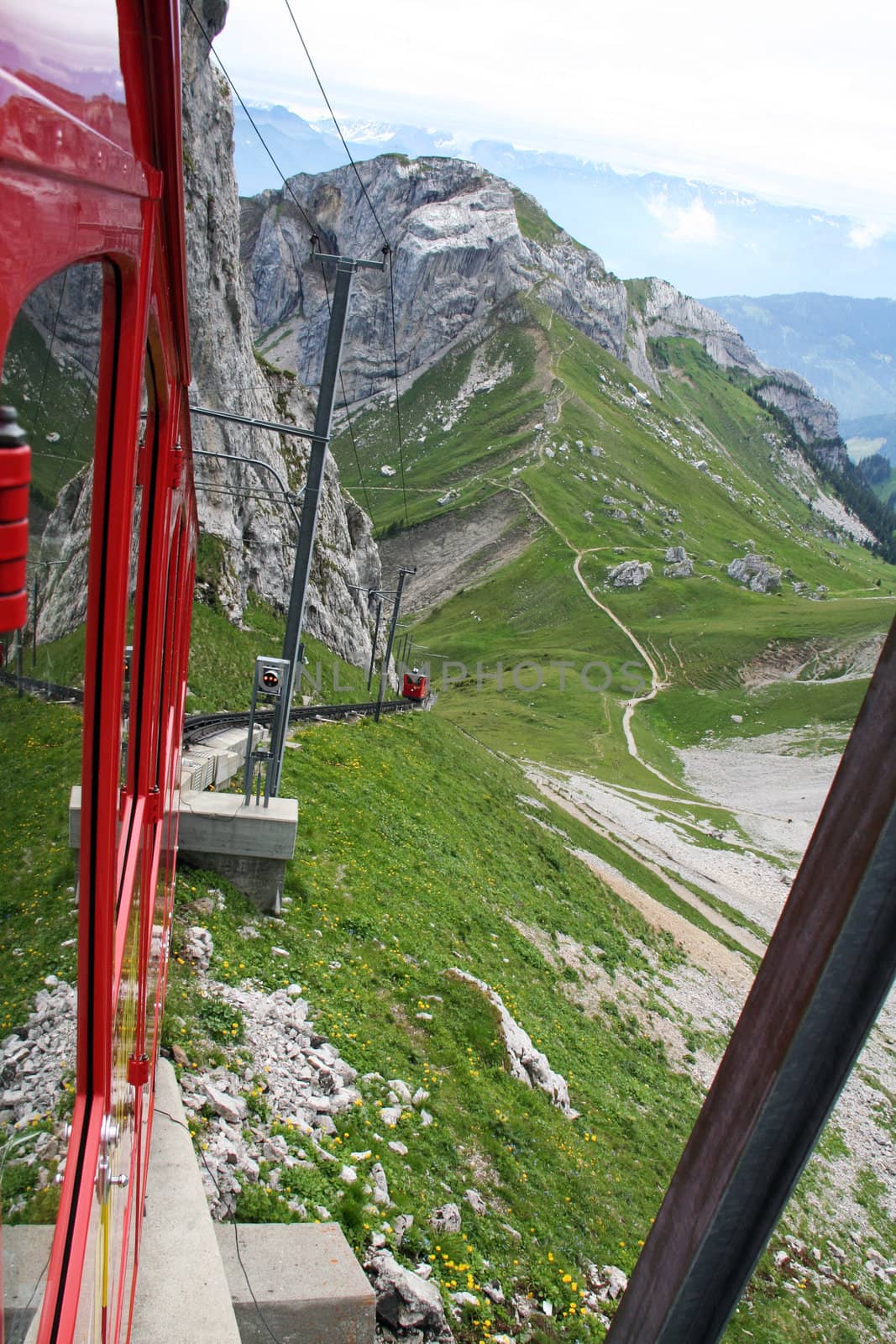 red swiss rack railroad in the mountains