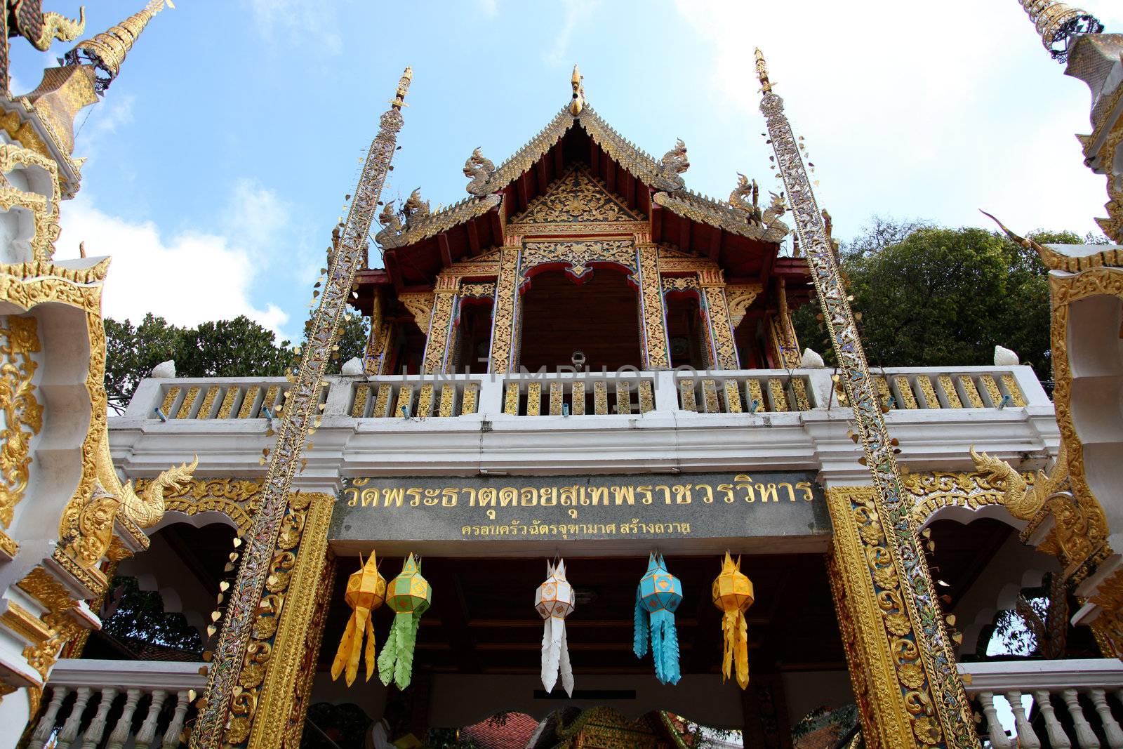Exterior of a traditional Thai building in Chiang Mai, Thailand - travel and tourism.