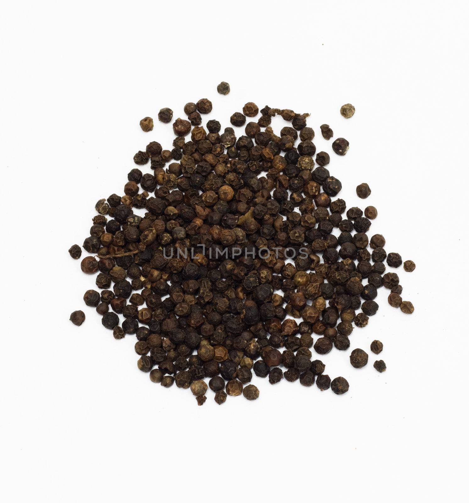 Closeup of black pepper isolated on white background. 