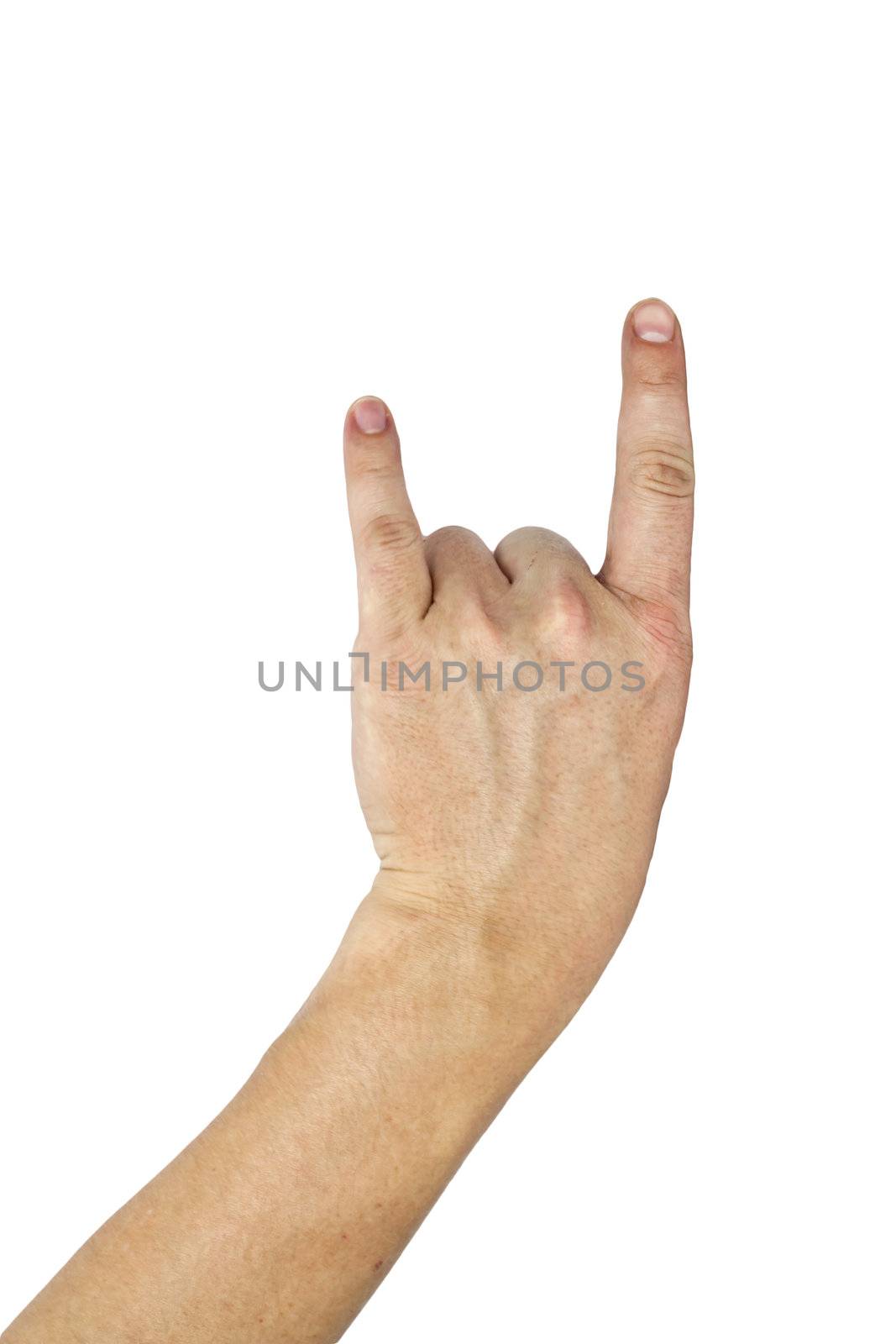 A man's hand giving the Rock and Roll sign.  by schankz