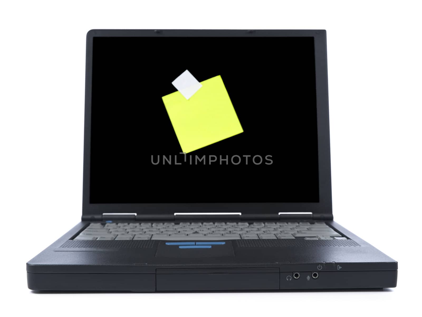 Black laptop with a yellow sticky note. Isolated on white.