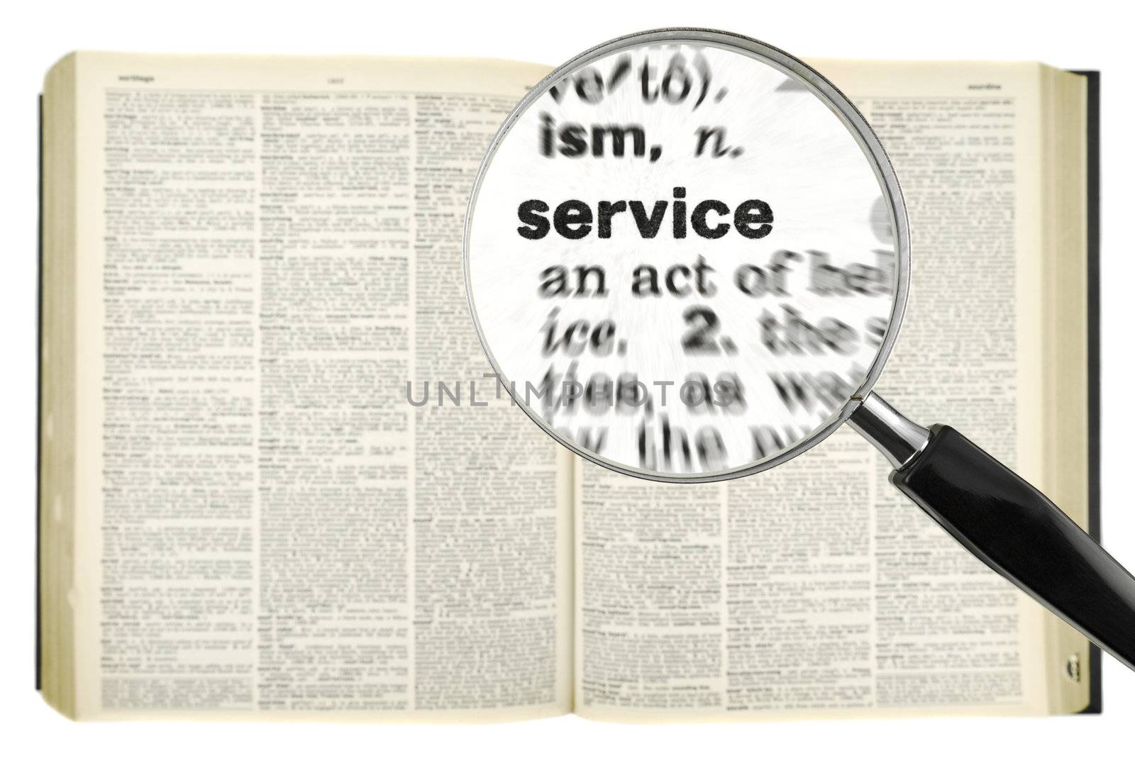 A magnifying glass on the word SERVICE on a dictionary. Isolated on white.
