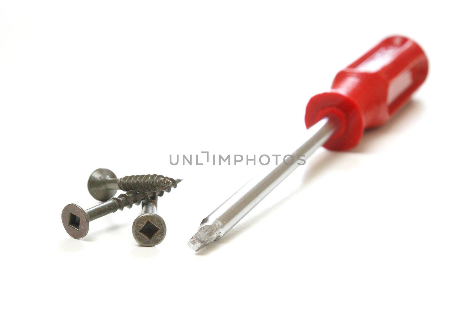 A square-head screwdriver with square-head screws on a white background.