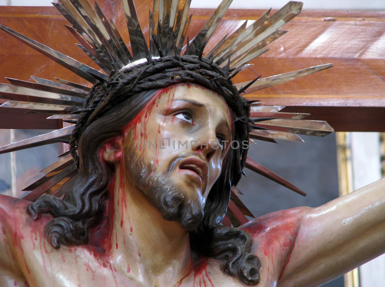 A detail of the face of Jesus from a group of statues portraying 'The Crucifixion' in Mosta, Malta.