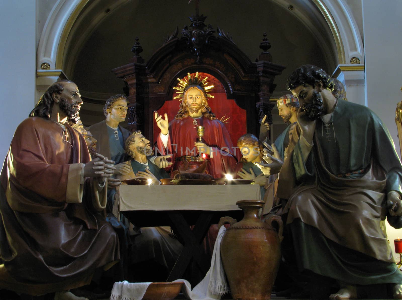 A group of statues portraying The Last Supper of Christ in Qormi, Malta.