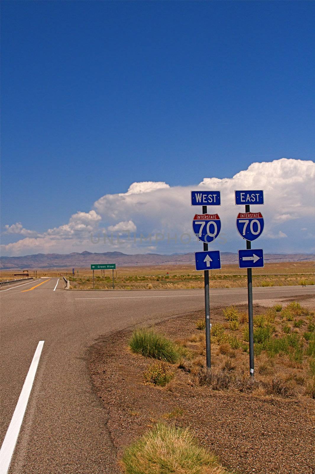 Highway directional signage on a remote stretch of interstate in Utah USA