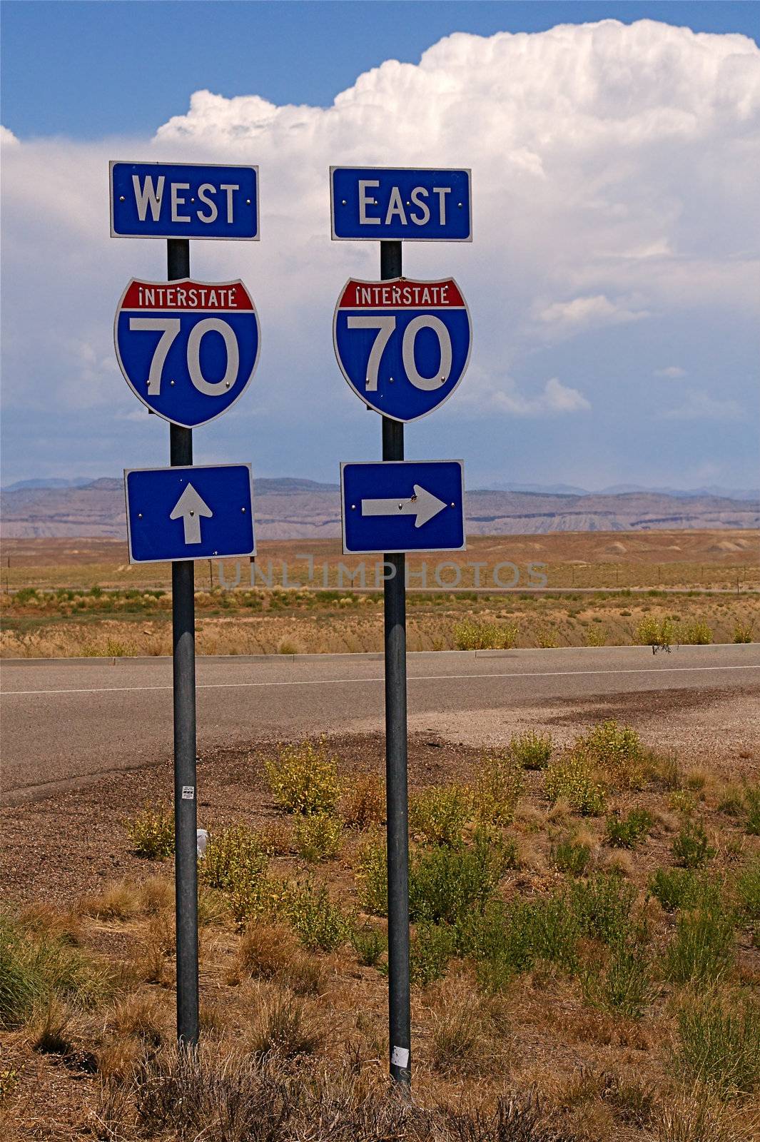 Highway directional signage on a remote stretch of interstate in Utah USA