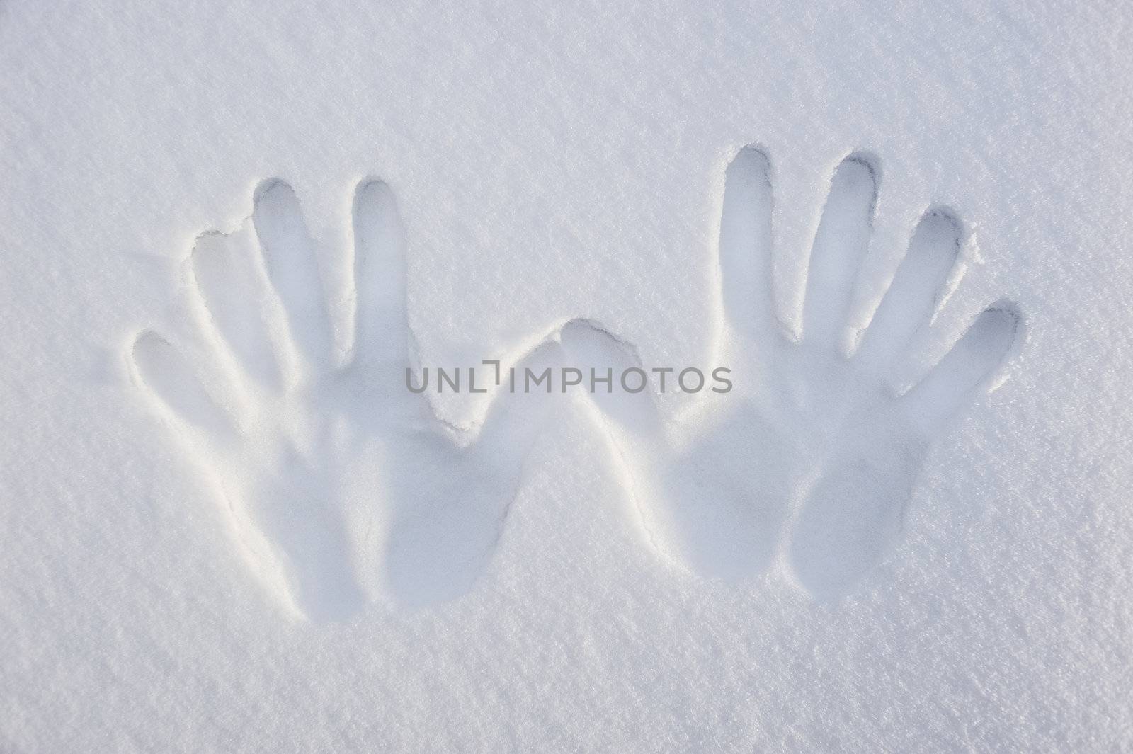 Imprint of two hands on the white sand