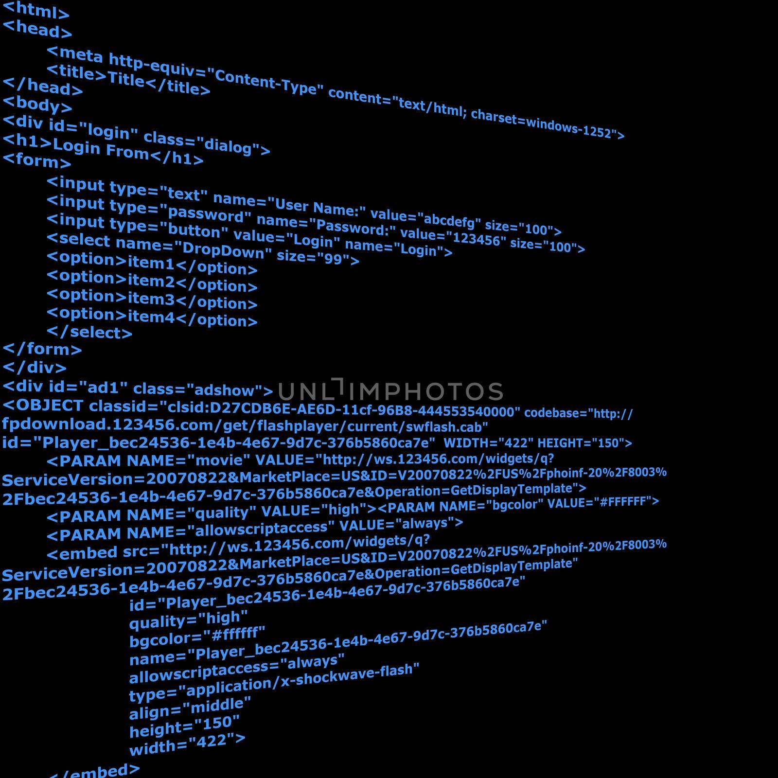 Blue Html code text with black background