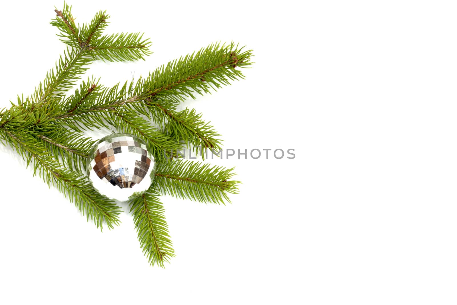 xmas tree ball hanging on a Christmas tree branch, isolated 